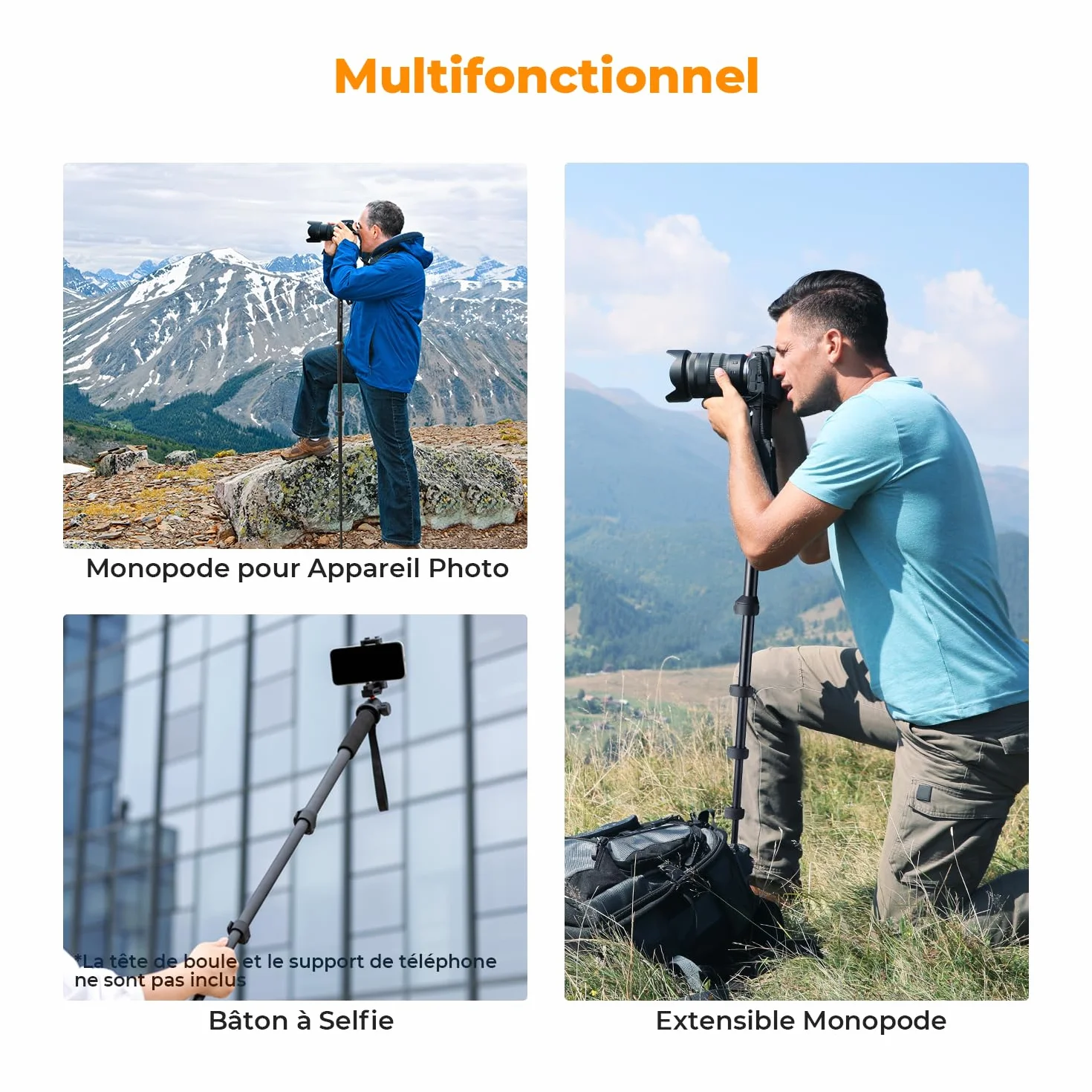 K&F Concept Monopode 160cm, Trépied de Voyage Multifonctionnel Amovible pour Gopro DSLR avec Cordon Anti-Perte, Extensible Appareil Photo, Charge Max 5kg, Poids 0,33kg - MS16