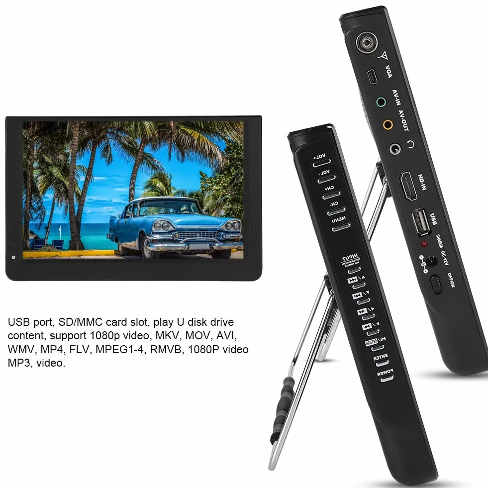 TV Portable 12 Pouces, Télévision Numérique T/T2 1080P 16: 9 avec 2 Haut-Parleurs pour Chambre à Coucher,Cuisine,Caravane,Voiture-Support Antenne/VGA/AV/Casque/HDMI/USB,Carte SD/MMC