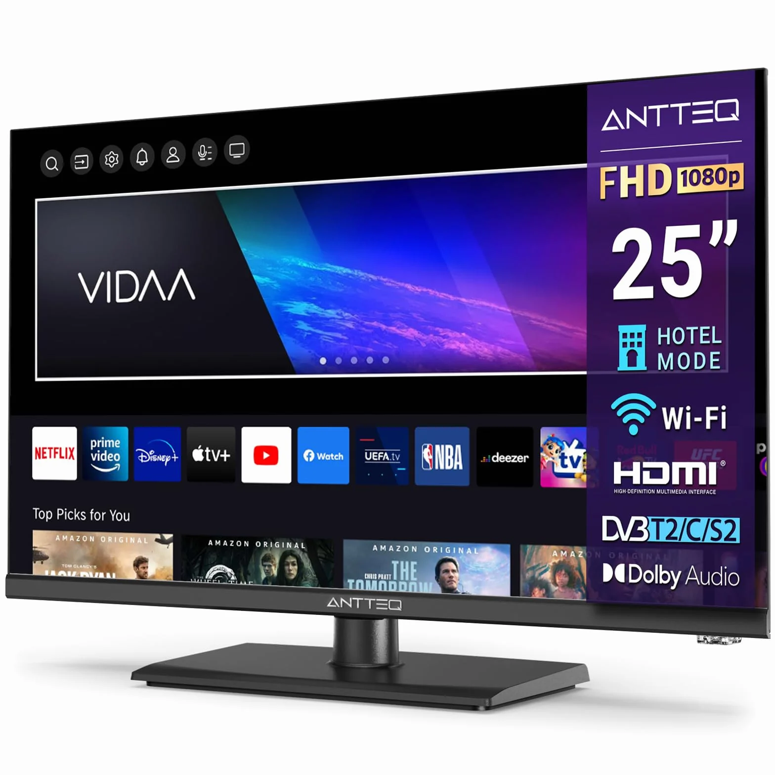 Antteq V25-AF3Q1 Smart TV 25 Pouces (64cm) Full HD,Vidaa OS Télévision avec Triple Tuner Appli Mobile,APP Store,Netflix/DAZN/WiFi, HDMI