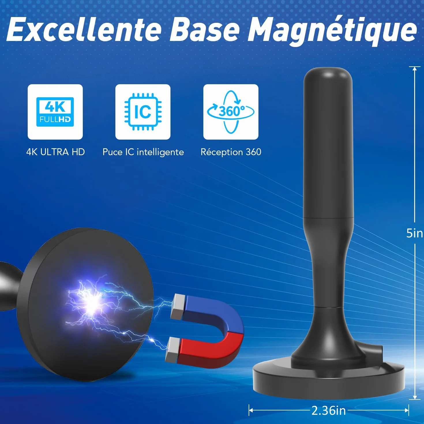 Antenne TV Intérieur Puissante, TNT HD 4K 1080P, Réception 360° Longue Portée 500km, Câble Coaxial 3m
