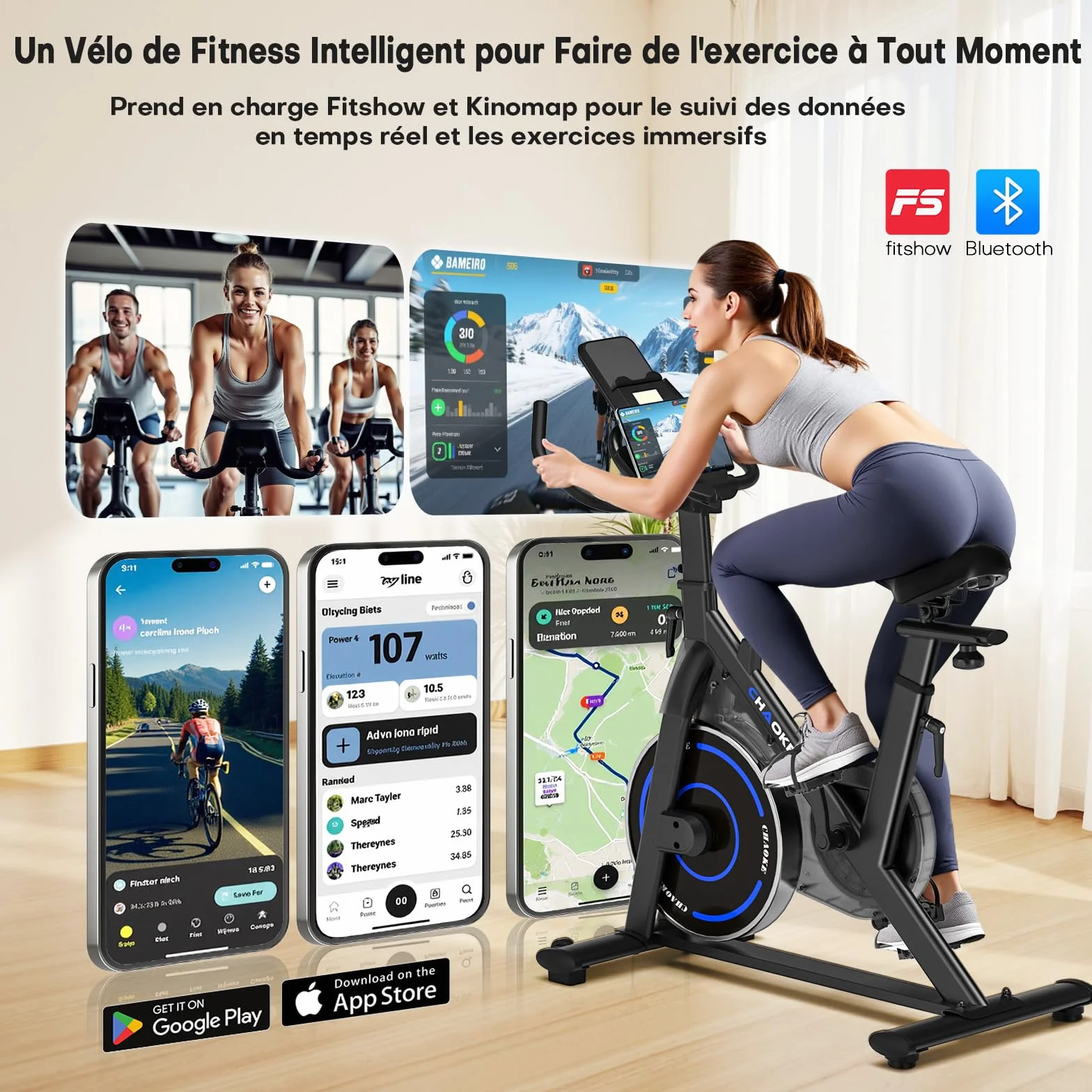 CHAOKE Vélo d'appartement Silencieux Résistance Magnétique Réglable App écran LCD Capacité 150KG