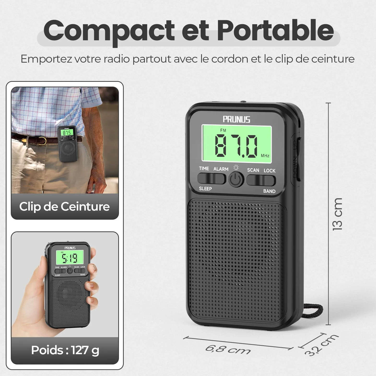 PRUNUS J-128 Radio Portable FM/AM, Réveil, Minuterie de Sommeil, Mini Radio de Poche, Design Anti-Contact, Piles 2xAA