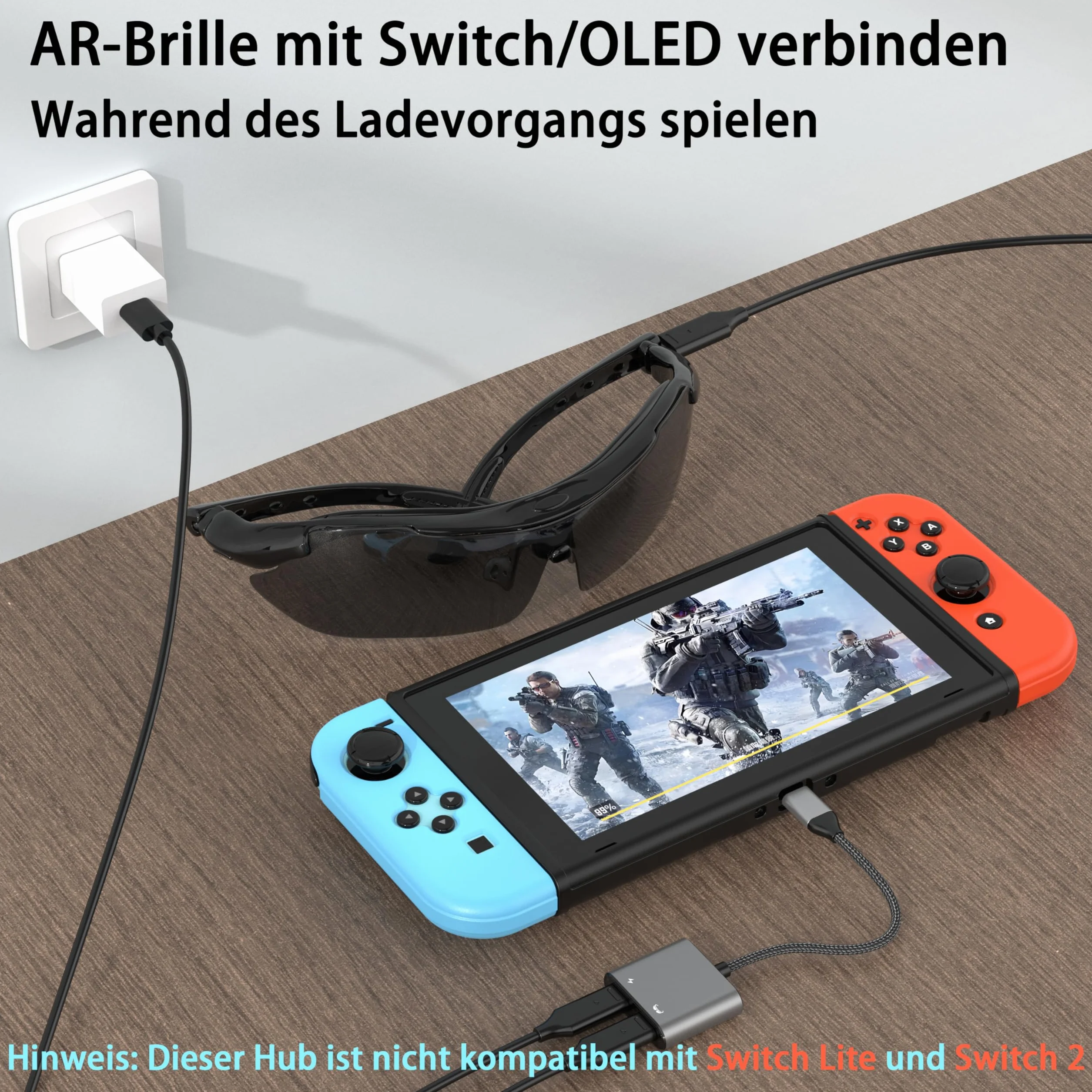 Adaptateur de Lunettes USB-C vers AR, Chargement et Jeu, Compatible avec Charge Rapide PD de 100W pour iPhone 17-15, Switch OLED, Steam Deck&Viture/Rokid/Xreal/RayNeo AR 1080P 120 Hz/4K 60Hz