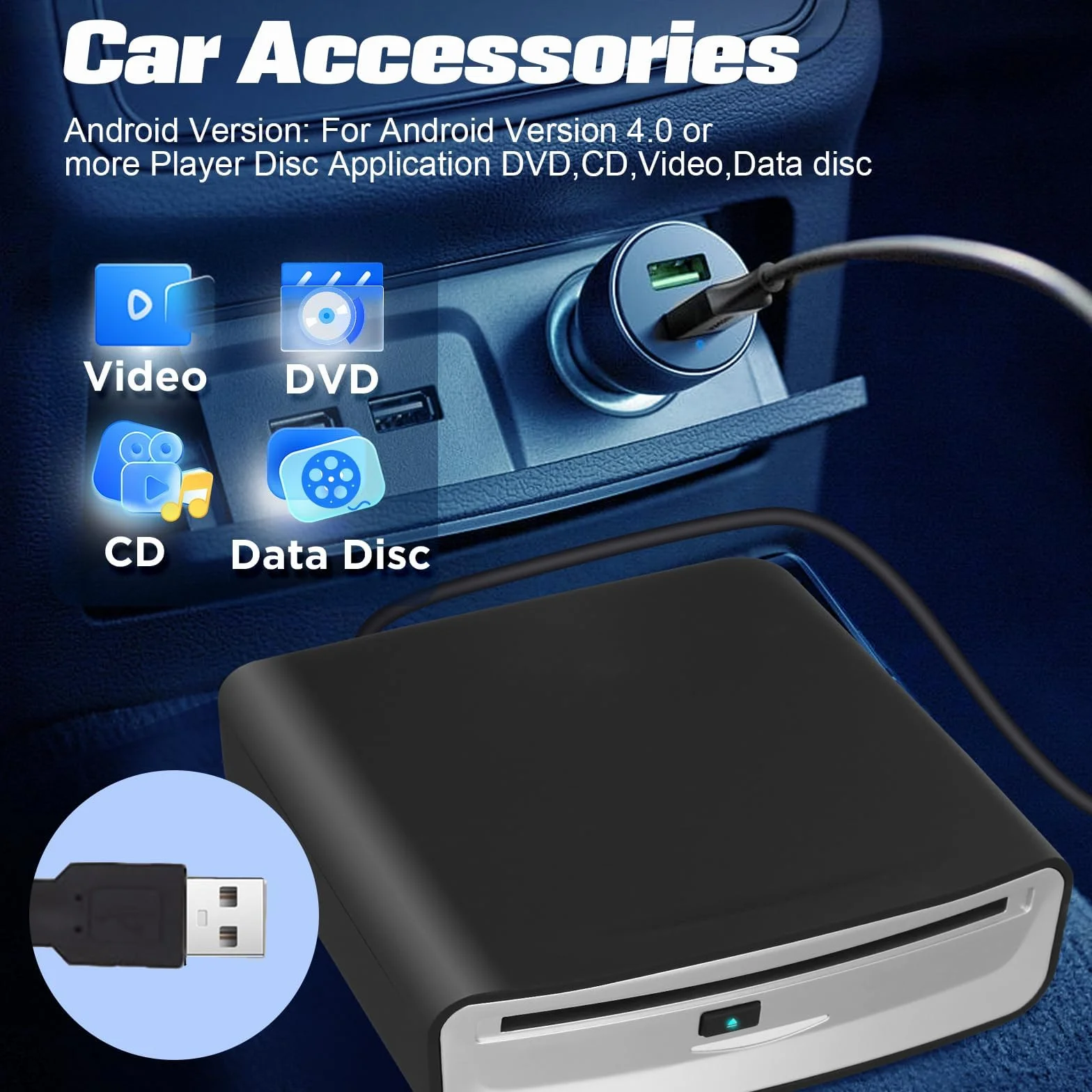 Lecteur CD DVD Externe USB pour Auto, Ordinateur, TV - Lecteur Optique Portable Plug & Play avec Connecteur USB 2.0 pour Autoradio, PC, Multimédia - Aucun Pilote Requis