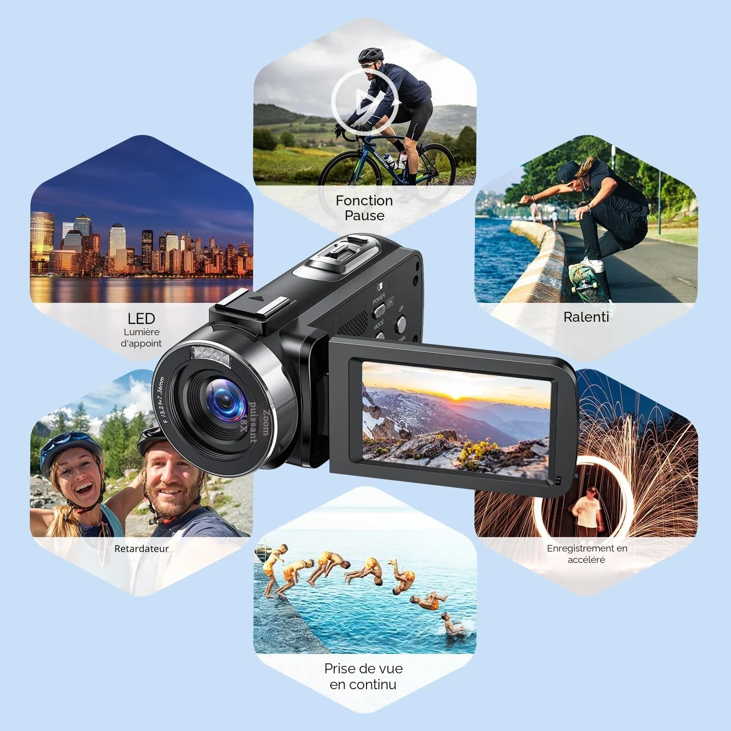 Caméscope 4K 42MP avec Zoom 18x Écran Rotatif 3 Pouces 270° Lumière LED Fonction Webcam 2 Batteries Carte SD 32GB Télécommande