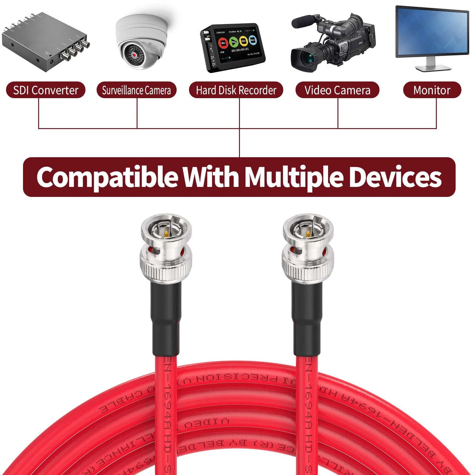 Superbat Câble SDI Court 3G/6G/12G 60cm Cordon BNC Mâle à Mâle Belden 1694A Rouge 75Ohm Supporte 4K/8K 1080p pour Blackmagic Caméra Vidéo Broadcast et Studio DVR (2 pièces)