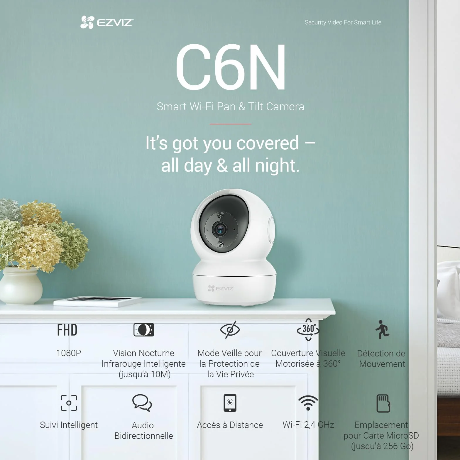 EZVIZ C6N Caméra Surveillance WiFi Intérieure 1080p, Pan/Tilt 360°, Vision Nocturne, Détection Mouvement