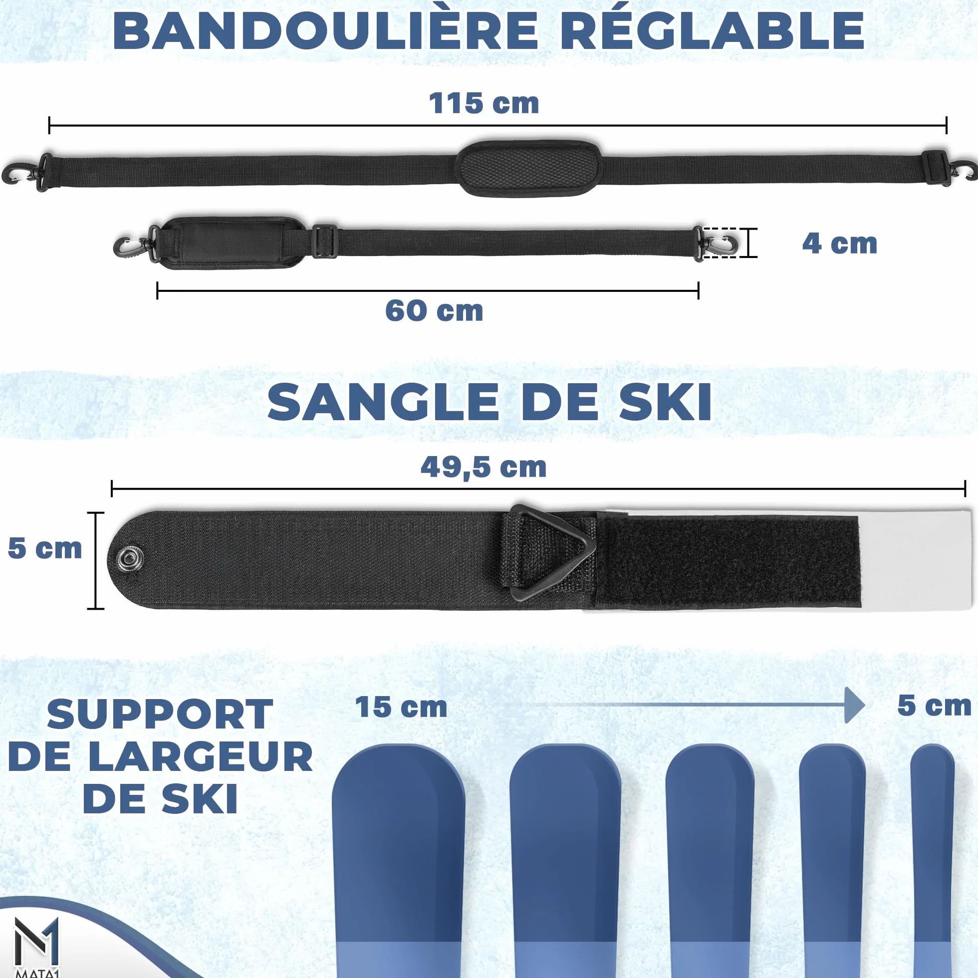 Sangle de Ski Porte-bâtons Noir Bandoulière réglable Transport Skis Bâtons