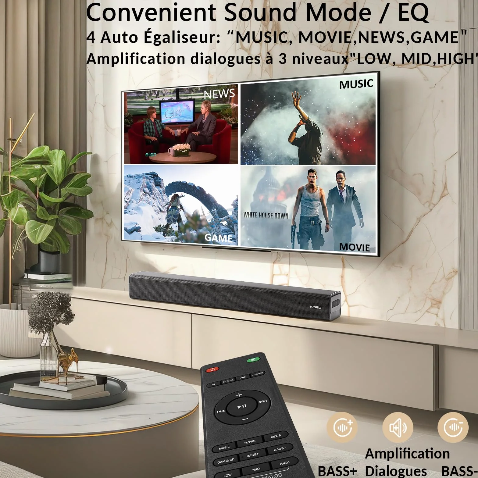 Barre de Son TV 120W 2.1ch Bluetooth 60cm HDMI Arc Caisson de Basse Mural