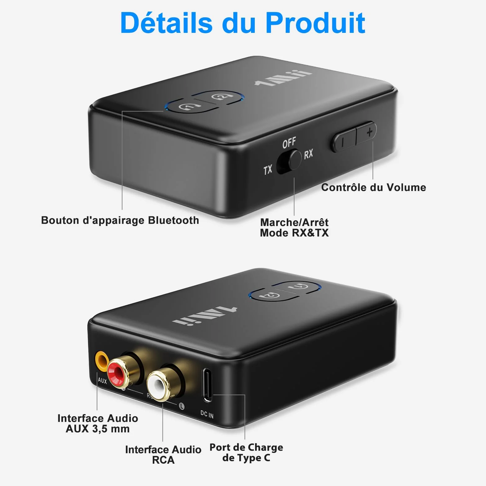 1Mii ML302 Transmetteur Récepteur Audio Bluetooth 5.3, RCA 3.5mm Jack Émetteur Adaptateur Bluetooth pour 2 Casque sans Fil, Son Hi-FI aptX LL/AD/HD pour TV, Chaîne Stéréo, PC, 30H Playtime