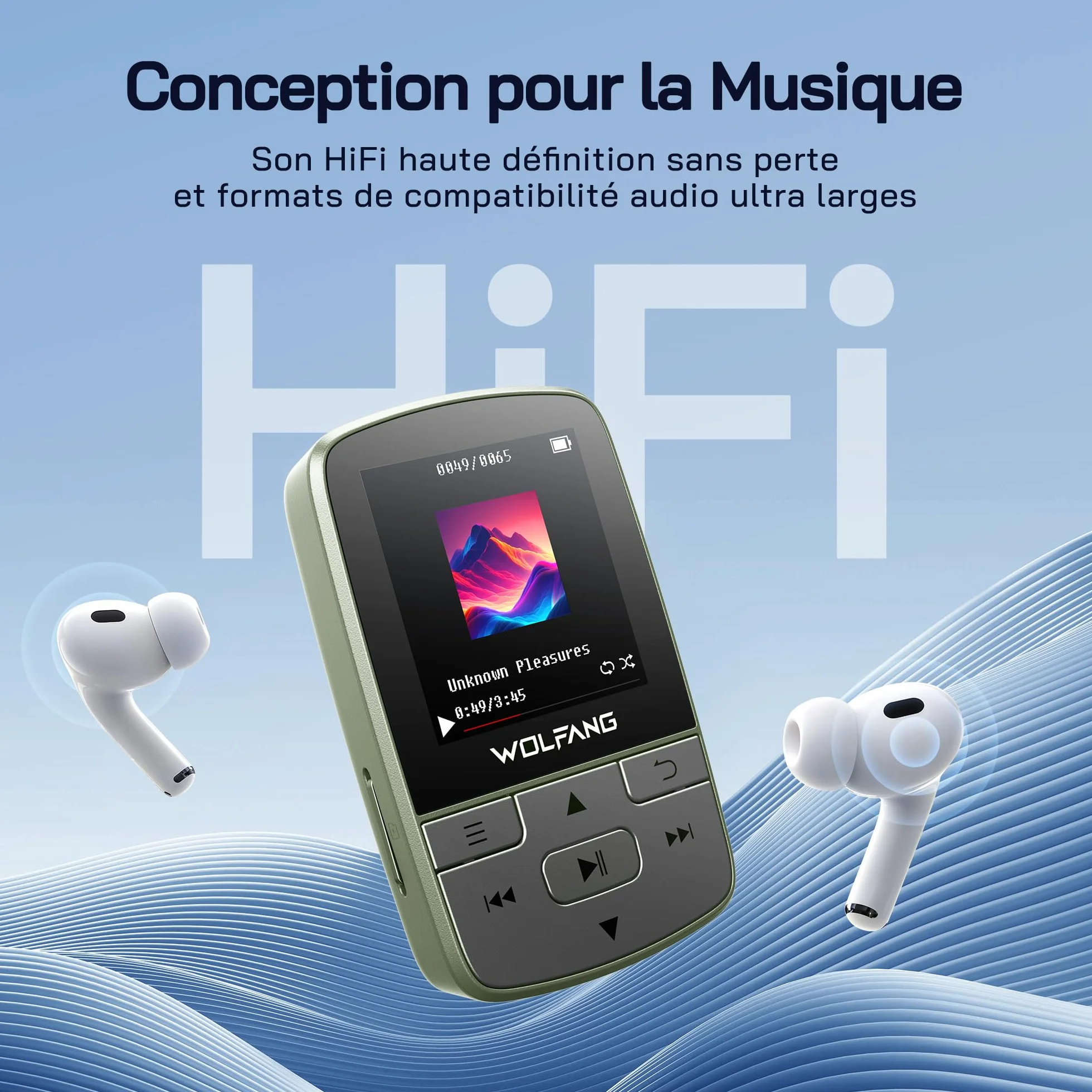 WOLFANG Lecteurs MP3 avec Bluetooth 5.2, Clip Sport, Taille Mini, Poids 28,3 g, Radio FM HiF, enregistreur Vocal, Jusqu'à 128 Go, sans Carte mémoire, écouteurs Inclus, Vert Kaki
