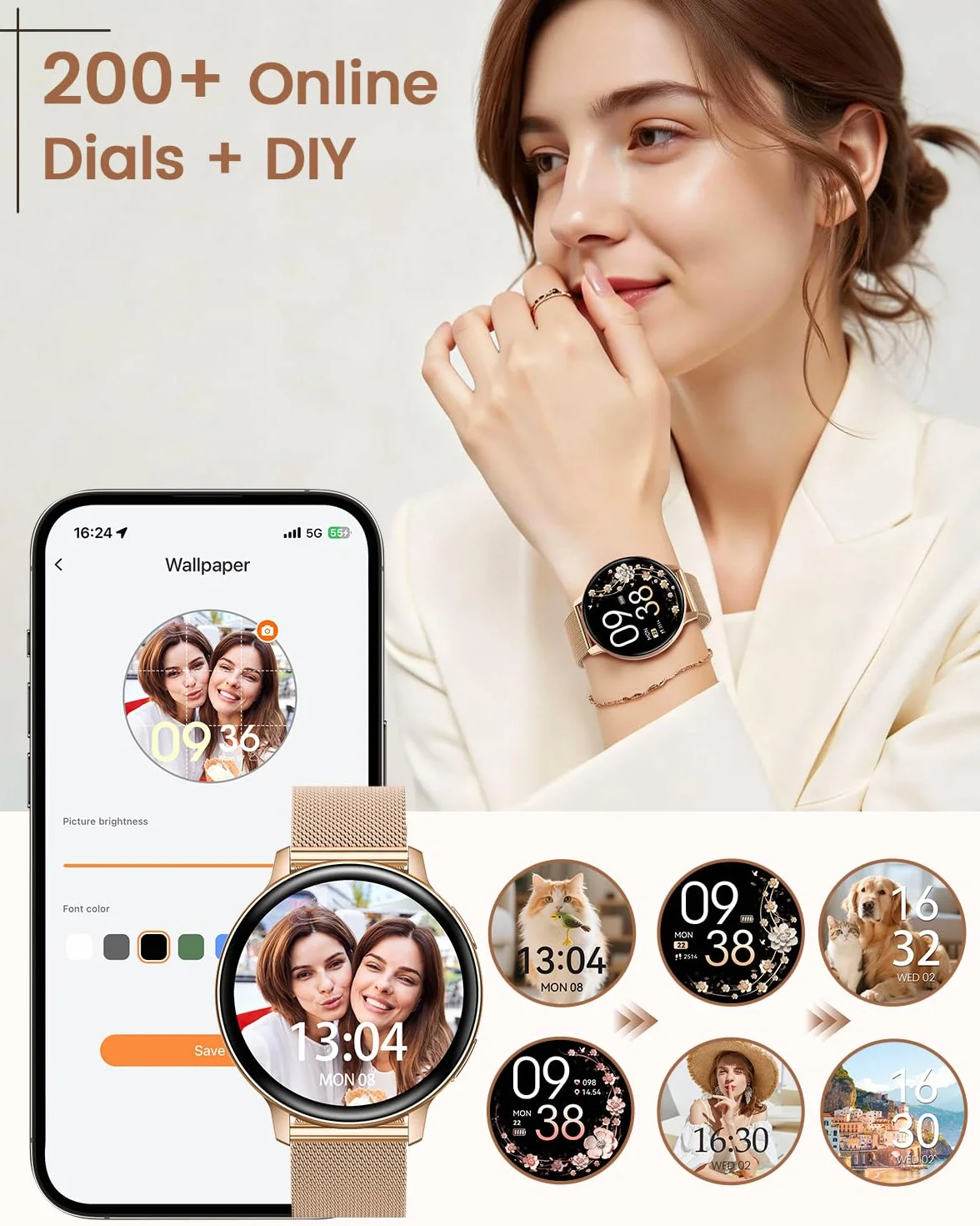 Montre Connectée Femme, 1.39" Smartwatch avec Appel Bluetooth, 24H Sommeil/Fréquence Cardiaque/SpO2 Fonction Féminine, 120+ Sportifs/IP68 Étanche Fitness Podomètre Compatible pour Android iOS, Or Rose
