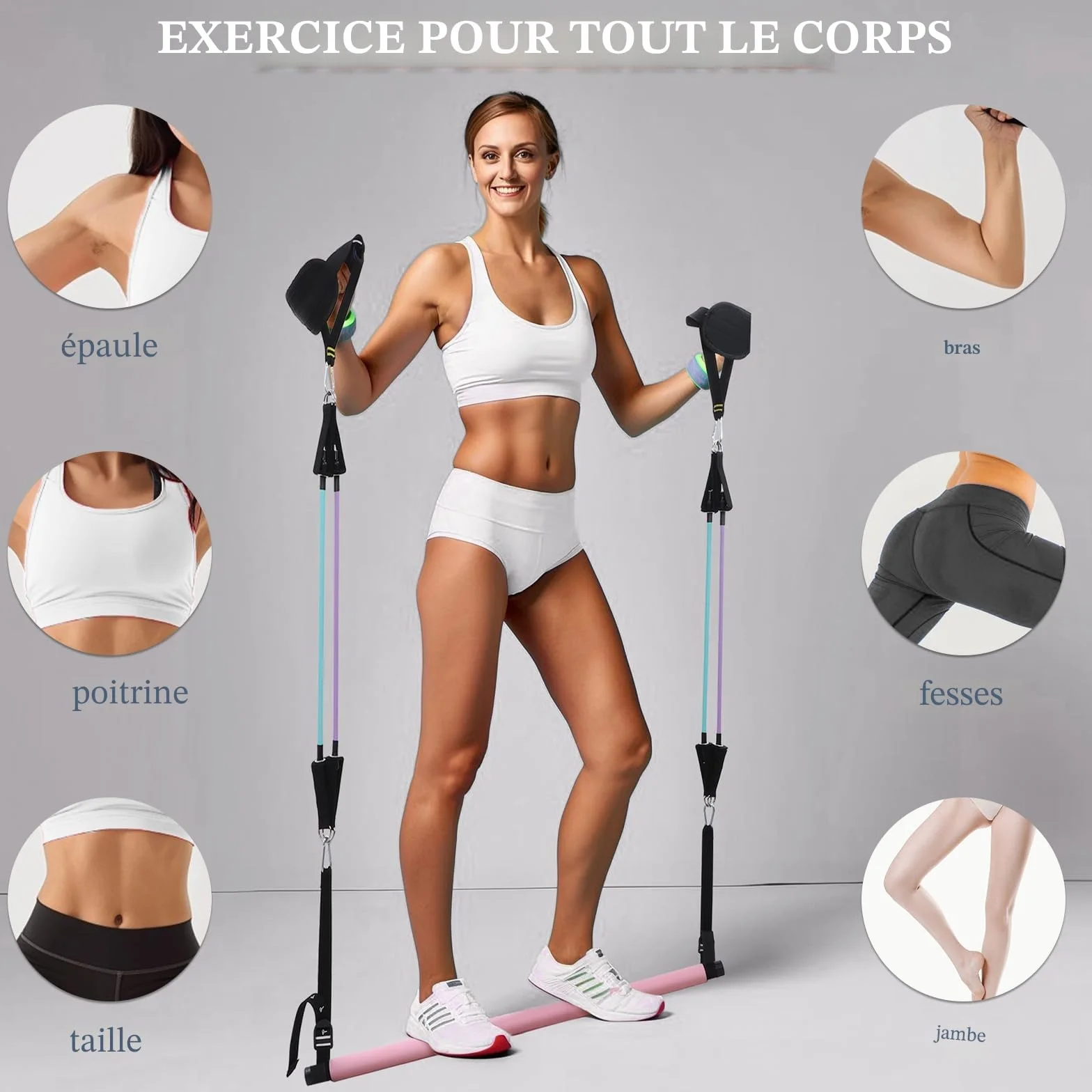 Kit Barre de Pilates avec 6 Bandes de Résistance Élastique, Musculation pour Homme et Femme, Yoga Fitness