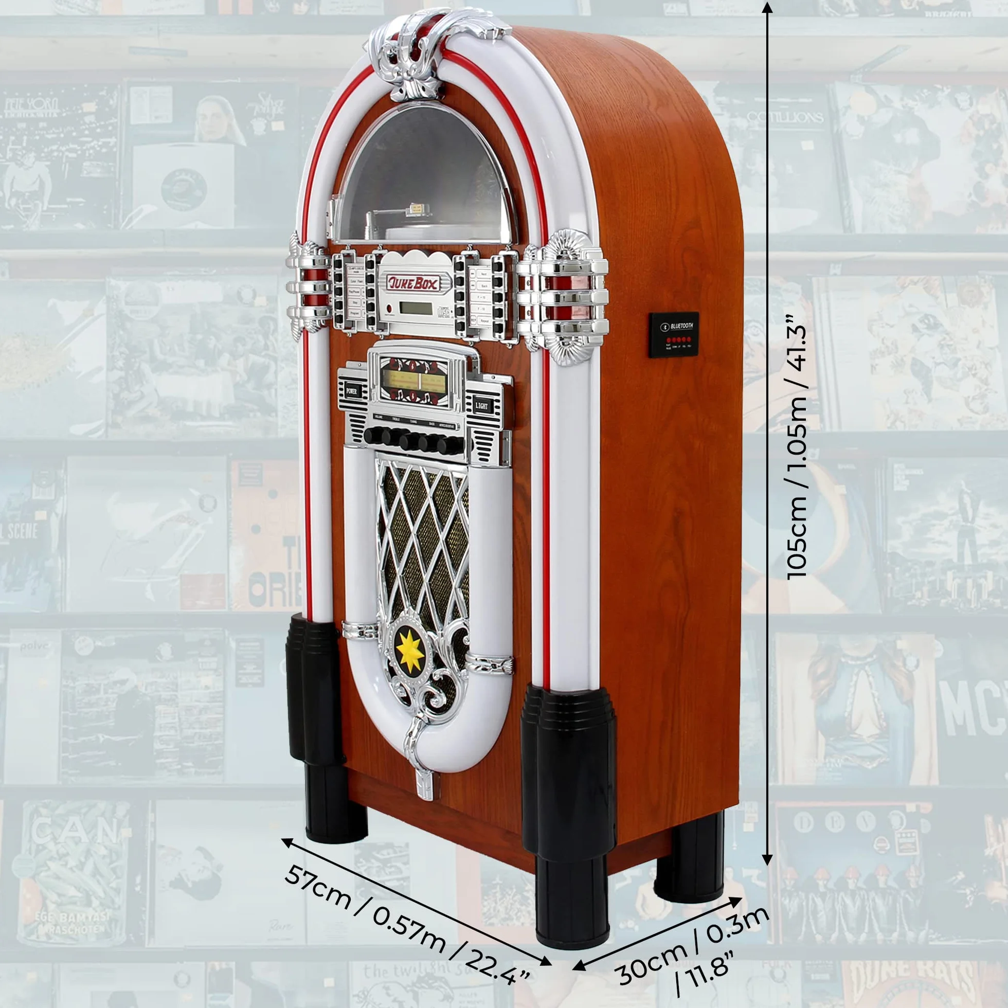 Jukebox Style Rétro Années 50 avec Éclairages LED Couleurs Changeantes, Bluetooth, AUX, Lecteur CD, Radio AM/FM