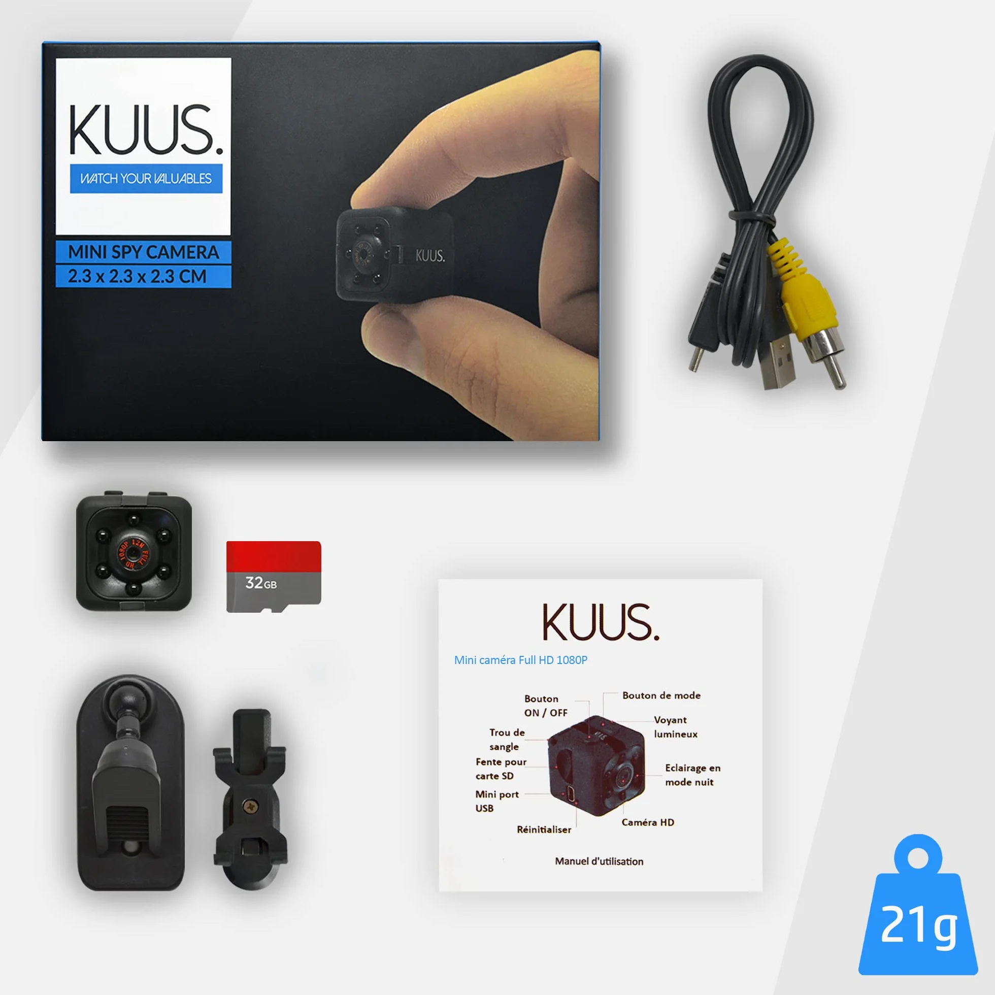 KUUS C1 Plus Petite Mini Caméra Espion d'europe 2,3cm Caméra Cachée sans WiFi Full HD 1080P, Micro Espion Discrète, Camera Surveillance sans Internet, SD 32 Go Class 10 U3 ISO 10000+ Vendus Pack