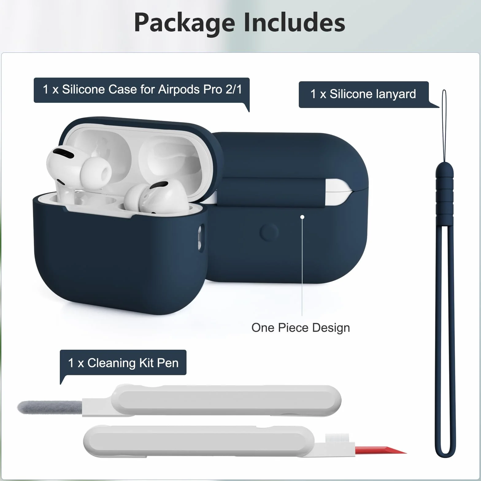 Étui Silicone AirPods Pro 2/1 Génération avec Lanière et Kit Nettoyage, Midnight Blue
