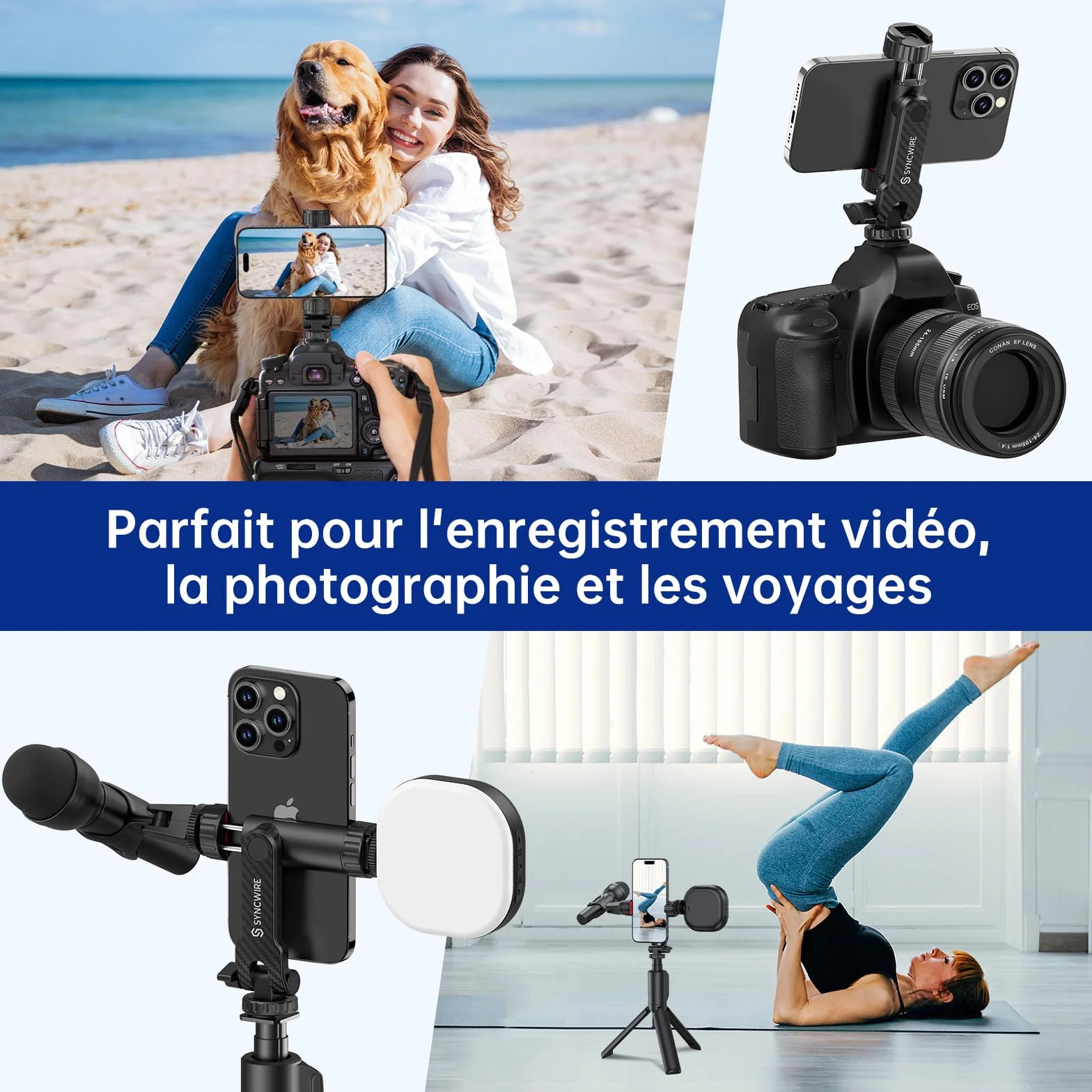 SYNCWIRE Adaptateur Trépied Smartphone avec 2 Sabots Froids, Vis 1/4", Rotatif 360°