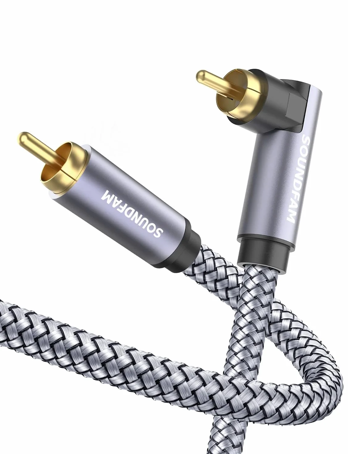 Câble RCA 90 Degrés à Angle Droit, Câble Audio Haut-parleur Subwoofer RCA Mâle vers RCA Mâle Blindage Multi-Couches Nylon Tressé Compatible TV Lecteur DVD Amplificateur - Gris 5M