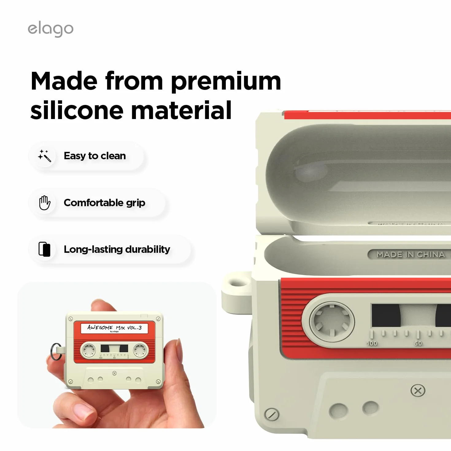 elago Coque Cassette Compatible AirPods Pro 3 Étui Protection Complète Résistante Chocs Chargement Sans Fil Mousqueton Inclus Blanc Classique