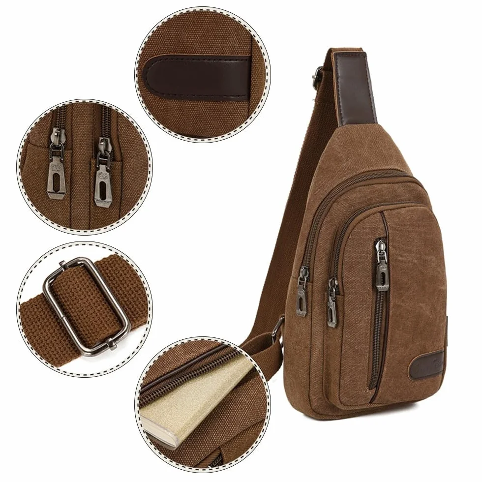 Sac de Poitrine Homme Femme Grande Capacité Toile Multi-Poches Randonnée Cyclisme Voyage Sport