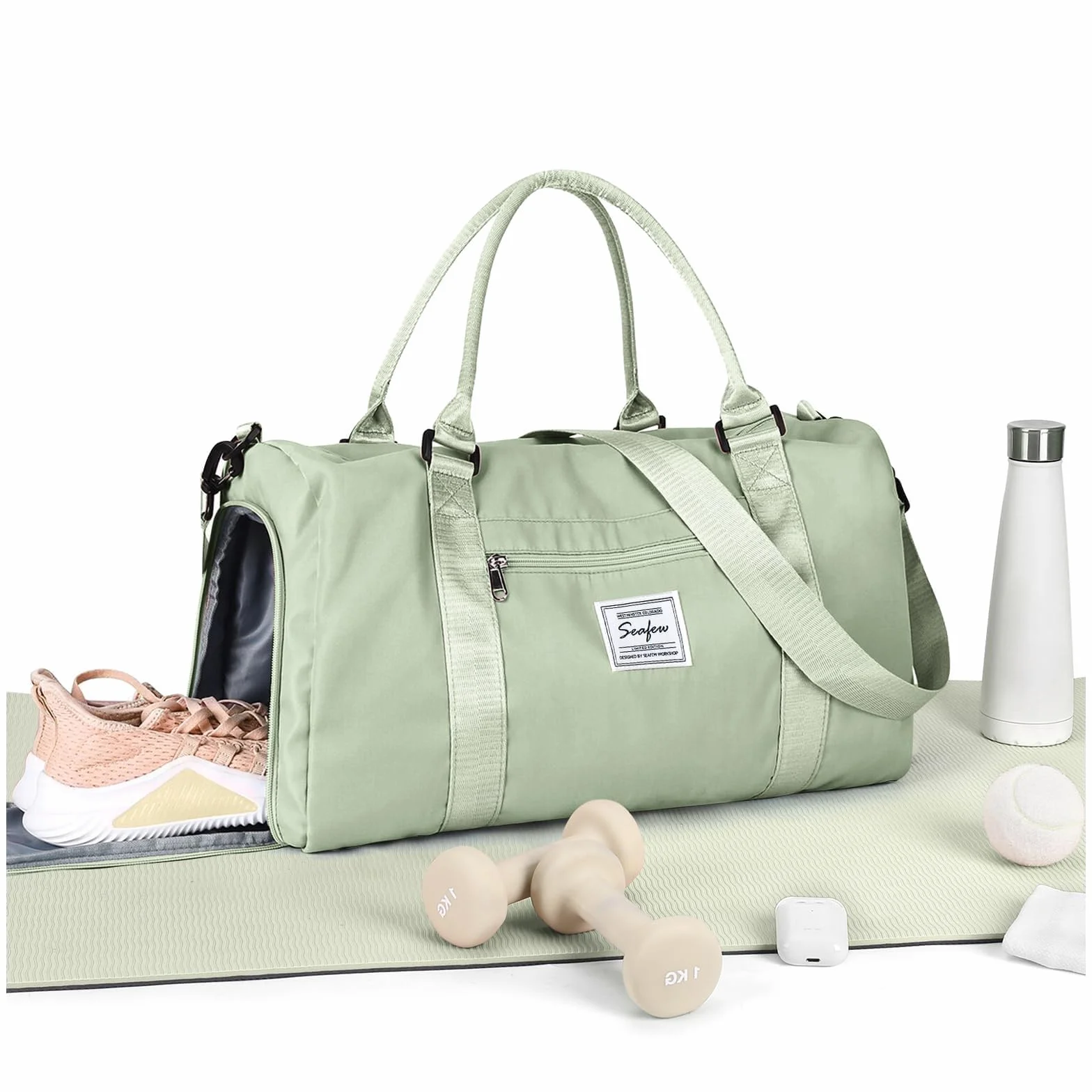 HYC00 Sac de Sport Femme Homme avec Compartiment Chaussures Poche Humide, Sac Voyage Weekender Duffle Bag Fitness Gym, Vert Herbe