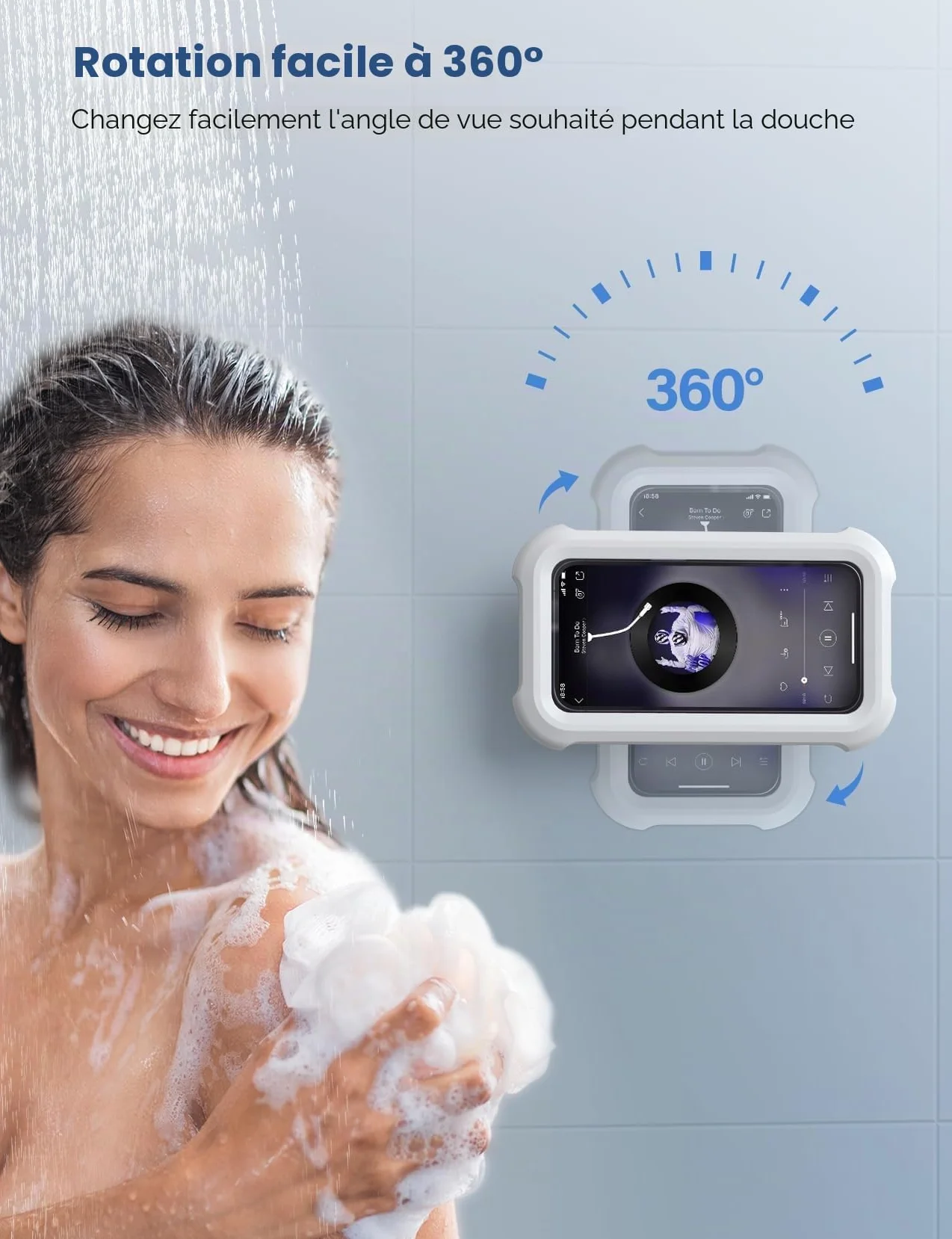 Lamicall Support de Téléphone de Douche Étanche, Étui Boîtier de Téléphone Étanche pour Mural - [360°Rotation & 120°Réglable] 3 Crochets Muraux Adhésifs, Support Mural de Bain pour 4 à 7" Smartphone