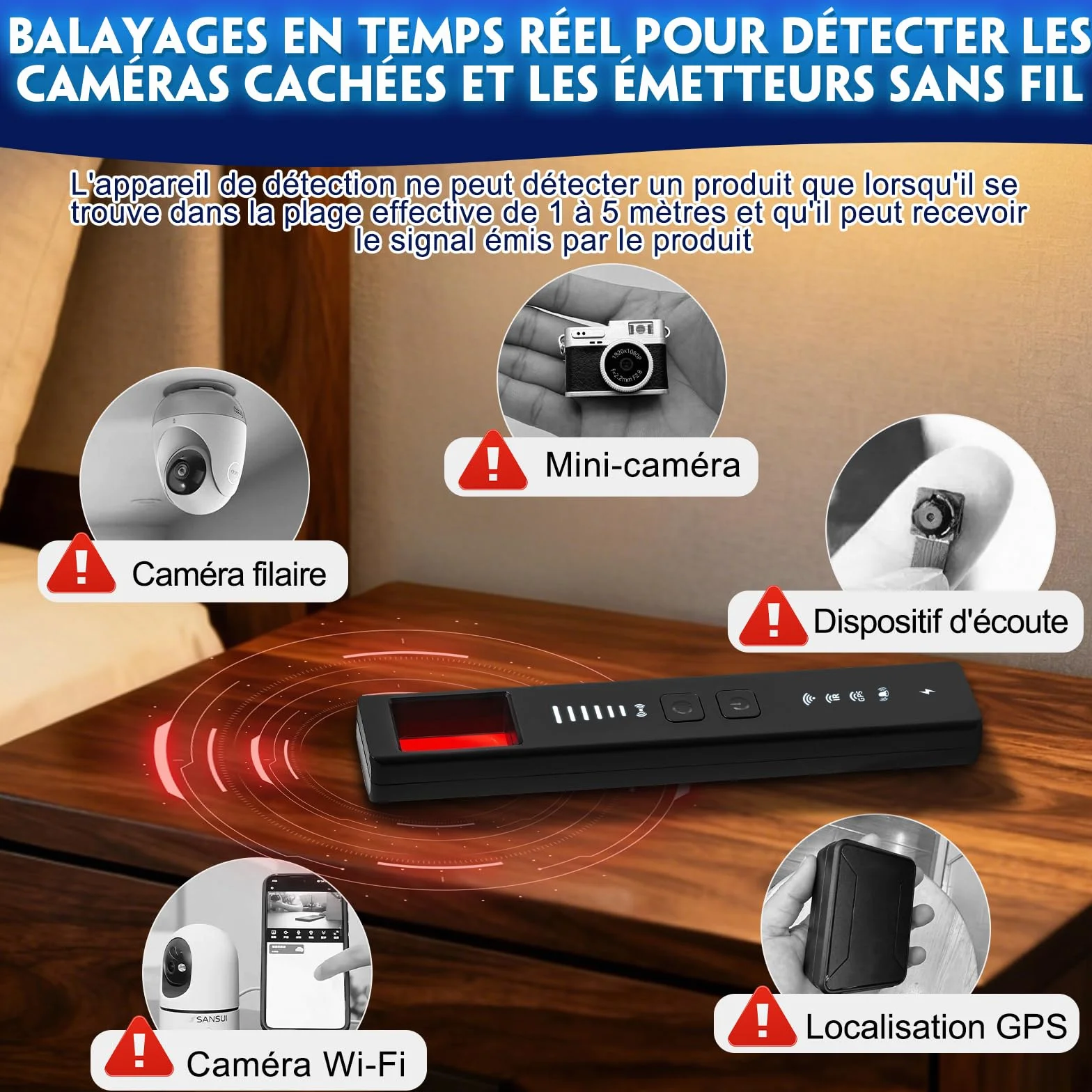 Détecteur de Caméra Cachée 5 en 1 – Détecteur de Micro Espion, Détecteur de Micros GPS, Détecteur RF sans Fil, 6 Niveaux de Sensibilité, Alarme de Sécurité pour Maison, Bureau, Hôtel