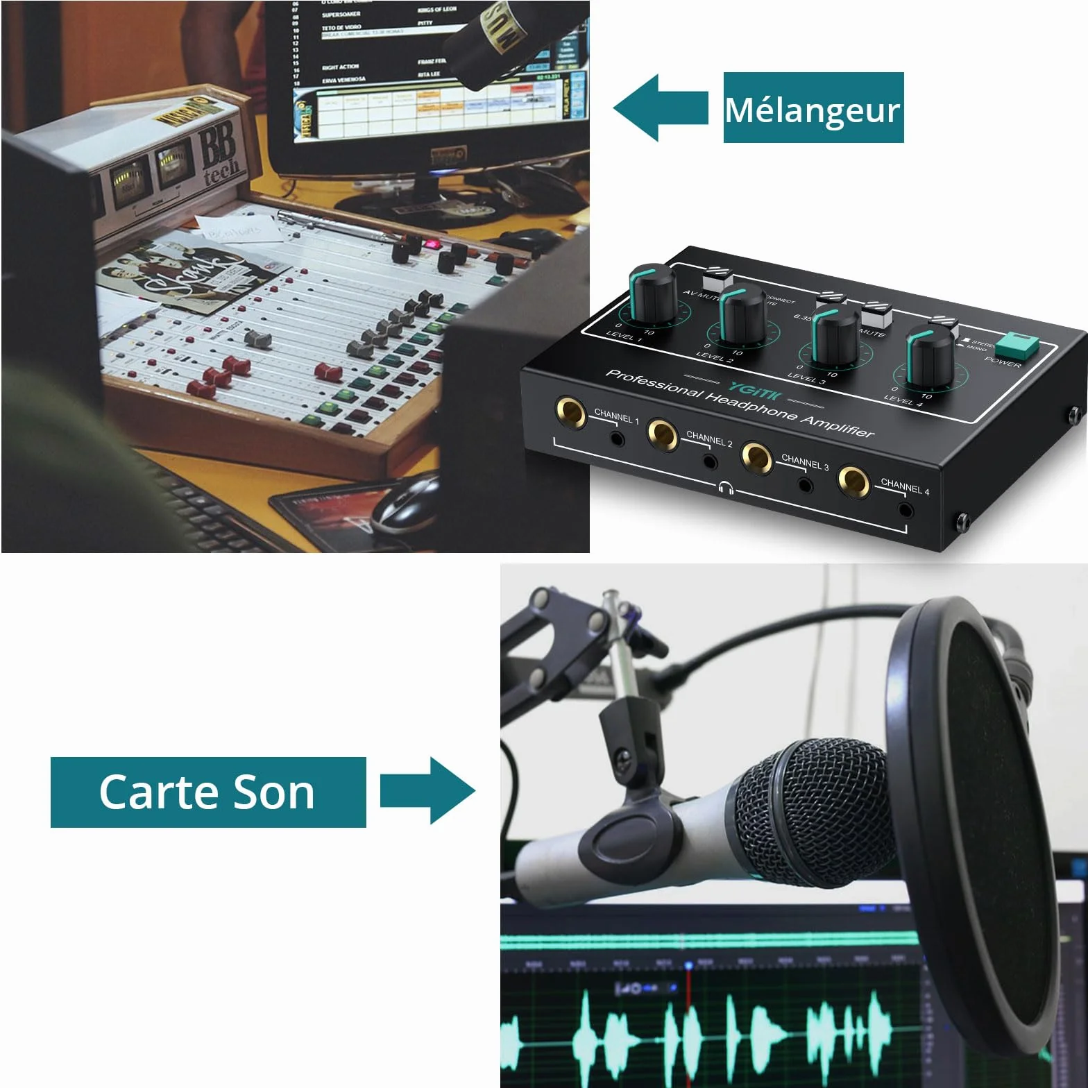 Amplificateur de Casque, Mono/Stéréo 4 Canaux Amplificateur Audio Professionnel, Séparateur de Casque Volume Indépendantes TRS 3,5 mm / 6,35 mm pour Scène Clavier de Guitare Basse