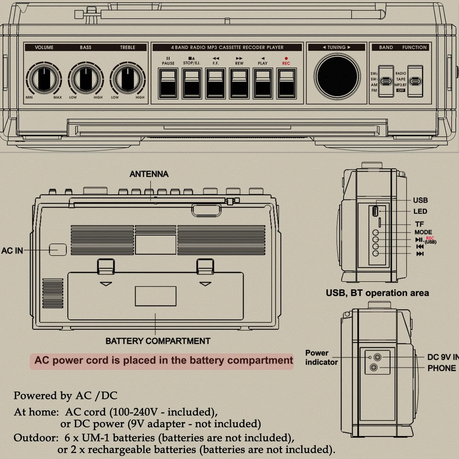 Boombox Rétro Années 80 Bluetooth Lecteur Cassette Radio AM/FM/OC 24W Portable USB Micro SD
