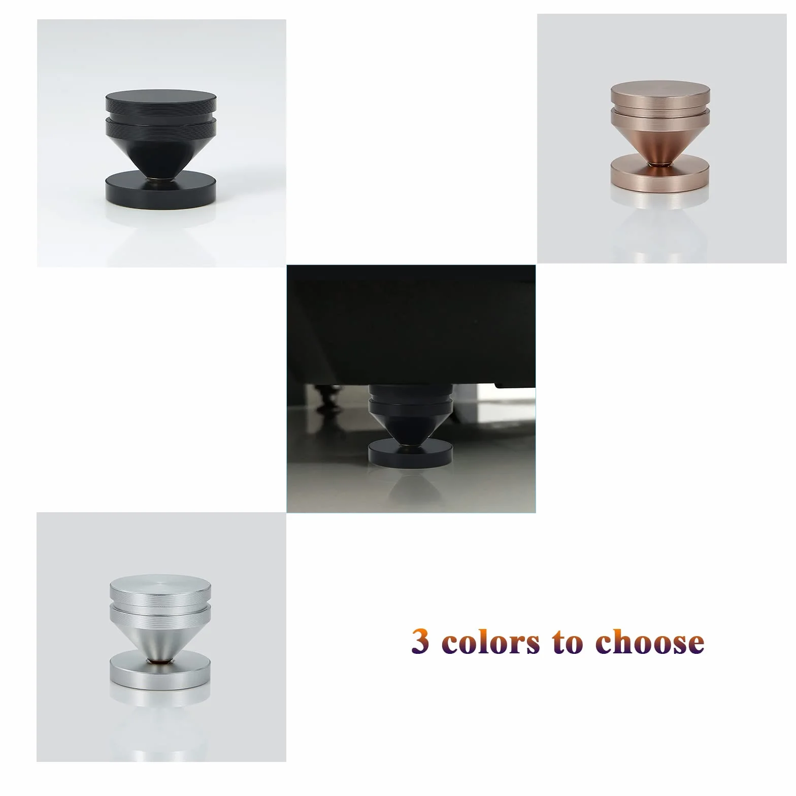 Haut-Parleur Pointes de Découplage, 8 Pièces Pieds Enceintes HiFi avec Base Pad Tapis, 16 Pièces Tampons adhésifs, Support pour Lecteur CD, DVD, Audio Isolation, Argent