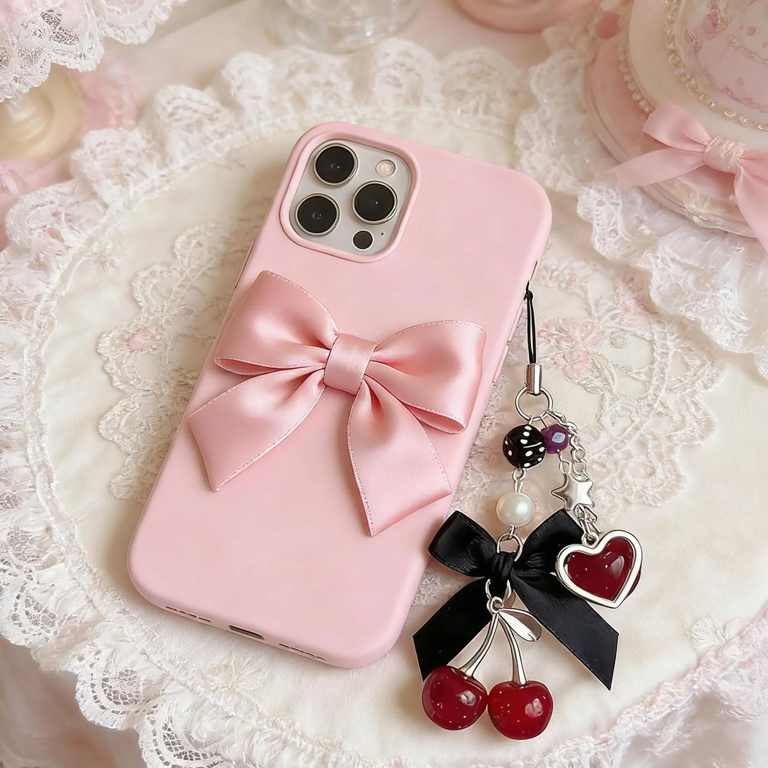 Kurze Handykette avec Charme Cerise – Breloque de téléphone Mignon en Noir comme chaîne Courte décorative pour Smartphone et clés