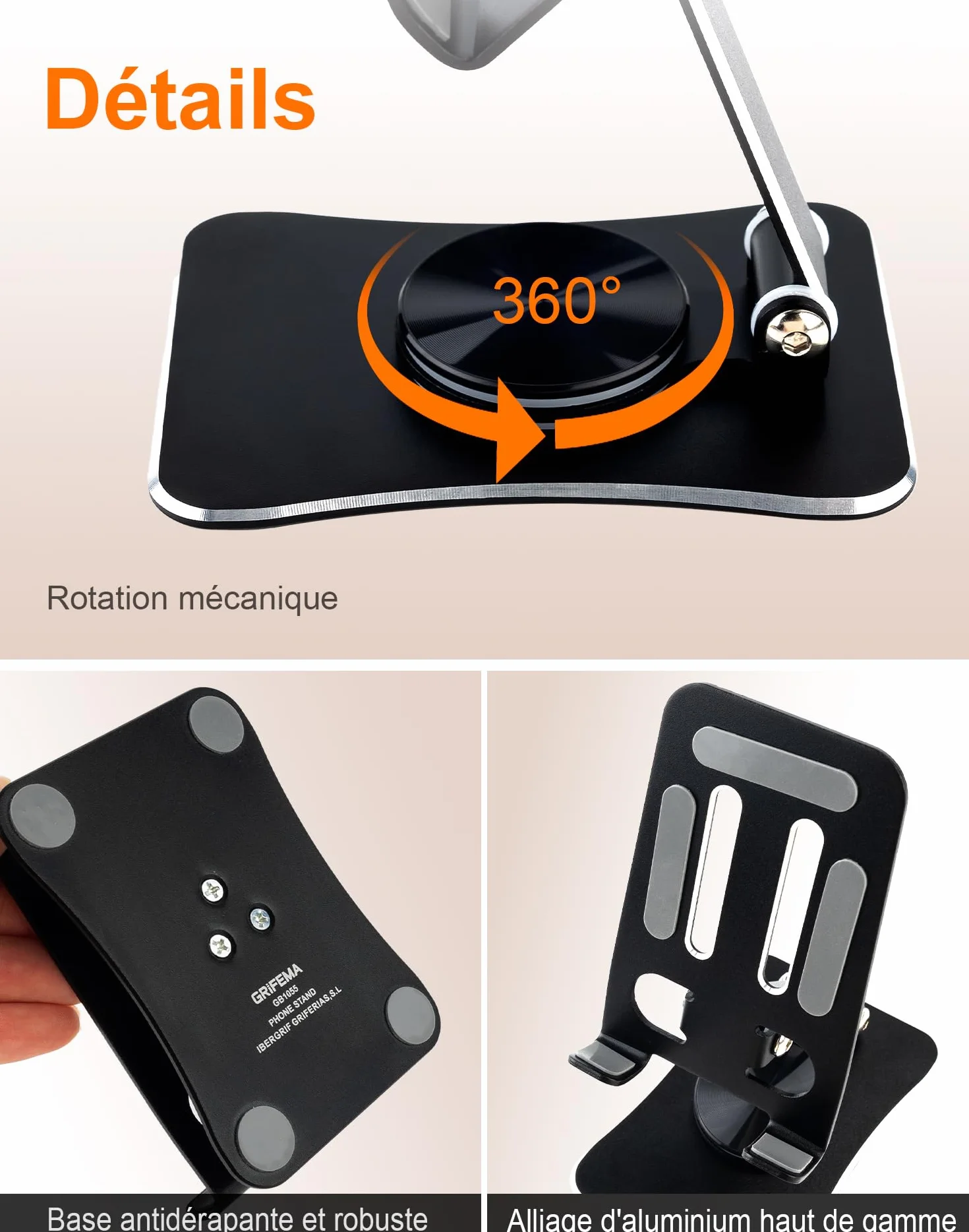GRIFEMA GB1055 Support Téléphone et Tablette de Bureau Pliable, Rotatif 360°, Ajustable, Alliage d'Aluminium, Compatible 3,5–10,5''