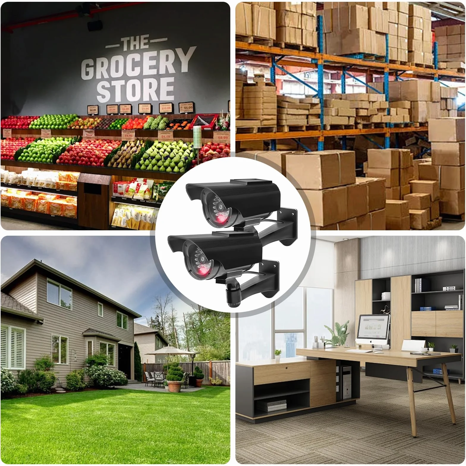 Lot de 2 caméras factices - Fonctionnement solaire - Simulée - Caméra de surveillance factice avec LED clignotante - Pour garage, arrière-cour, porte d'entrée