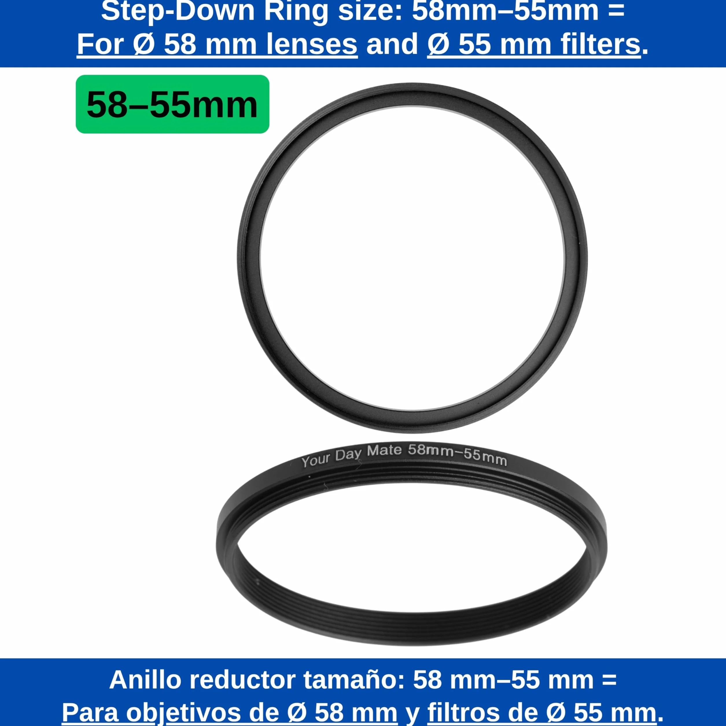 Step Down Ring, Ø 58 à 55 mm de diamètre, Compatible avec Les objectifs de Fabricants tels Que Canon, Sony, Nikon, Fujifilm, Adaptateur de Filtre pour Objectif d'appareil Photo, Step-Down Ring alu