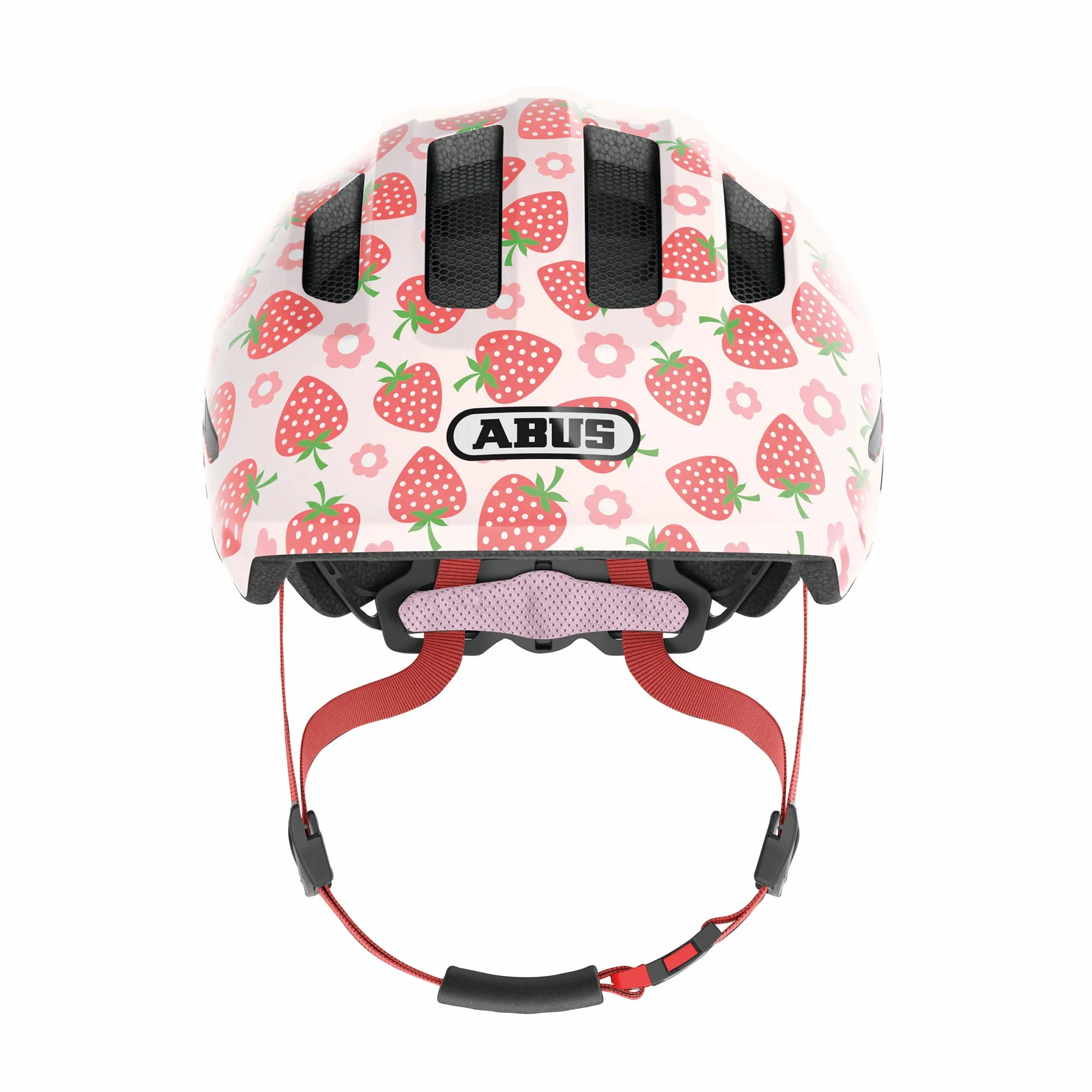 ABUS Casque pour enfants Smiley 3.0 LED - Casque de vélo avec lumière - Rose motif fraise, taille S (45-50 cm)