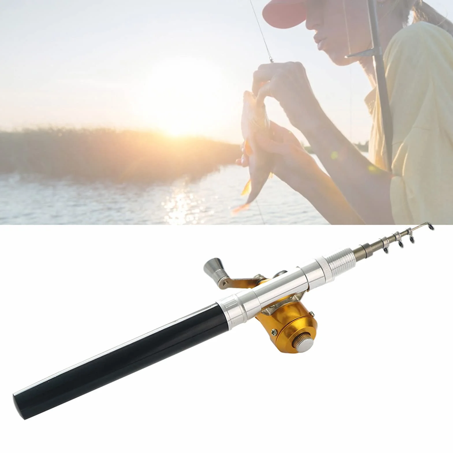 Mini Canne à Pêche Stylo Télescopique Aluminium 21cm Kit Combiné Moulinet Ligne Portable Voyage Eau Douce Salée