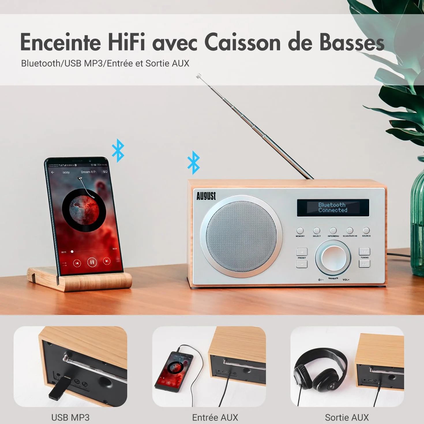 August MB420 Radio Dab Bluetooth, Radio Dab+/FM Numérique avec Double Réveil, 60 Présélections, Haut-Parleur HiFi 5W, Minuterie Sommeil, Snooze, USB & Entrée/Sortie AUX, Secteur pour Cuisine & Maison