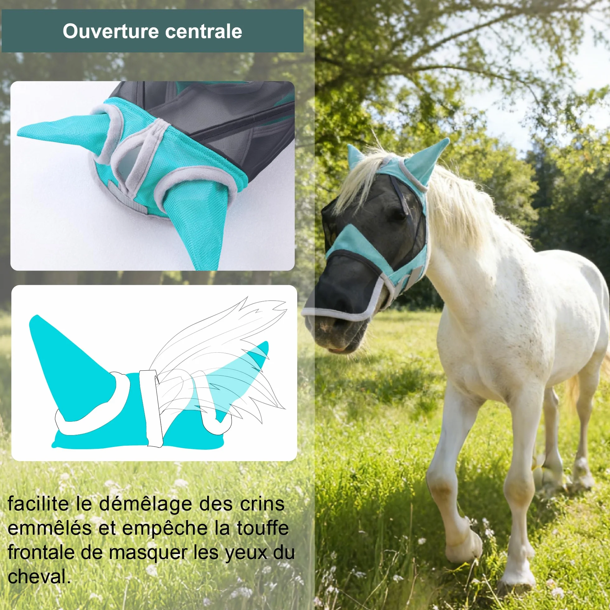 Masque Anti-Mouches pour Chevaux Protection Anti-UV Maille Respirante Turquoise Medium