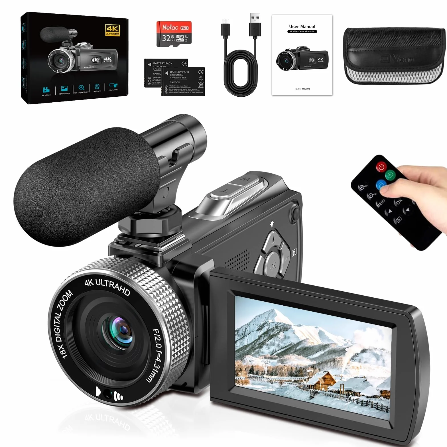 Caméscope 4K 48MP Caméra Vidéo Zoom 18X Écran Rotatif 3" 270° avec Carte 32 Go 2 Batteries