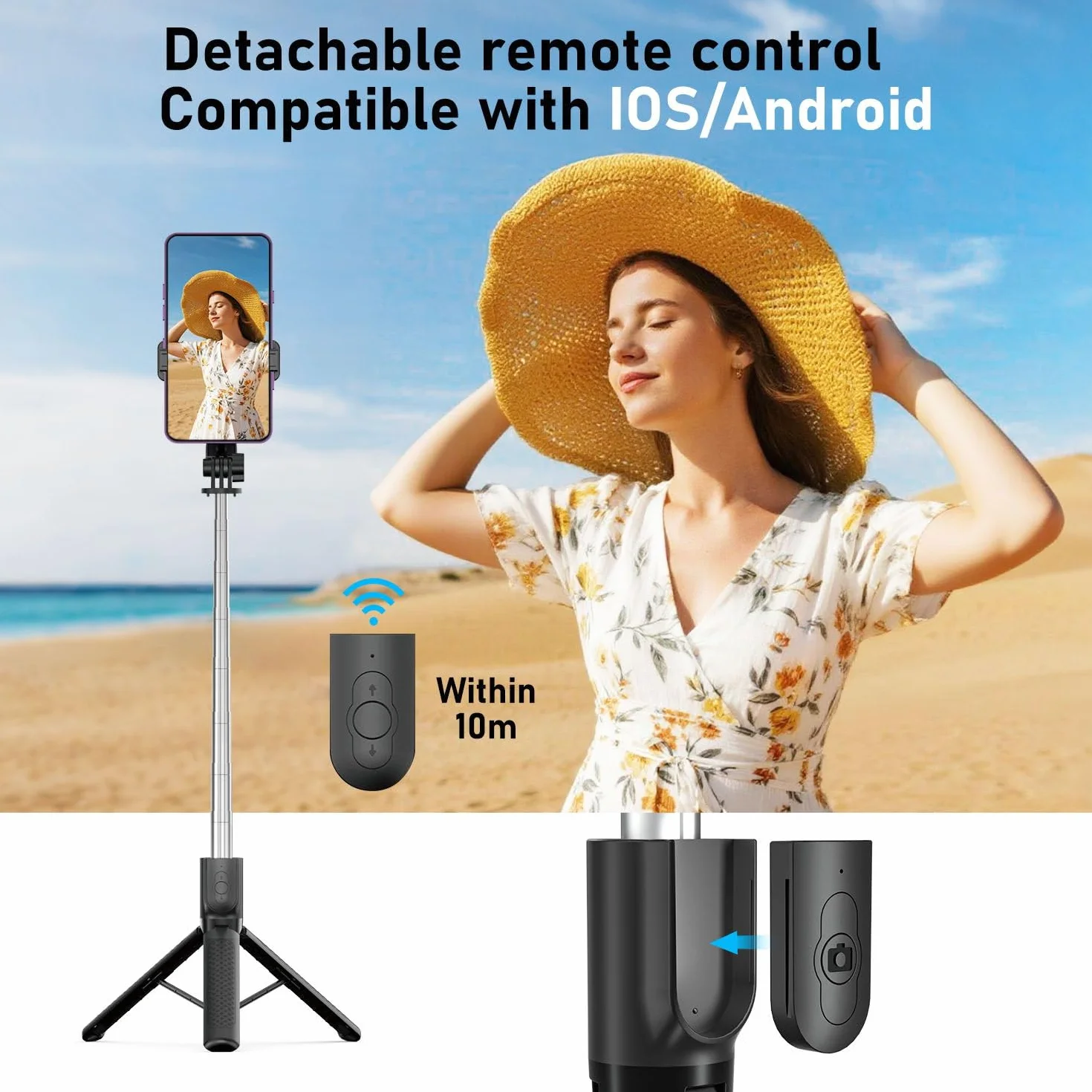 Perche à Selfie,Trépied Smartphone,125CM Extensible Selfie Stick Trépied de Téléphone avec télécommande détachable et trépied Stable,Compatible avec Samsung/iPhone/Huawei