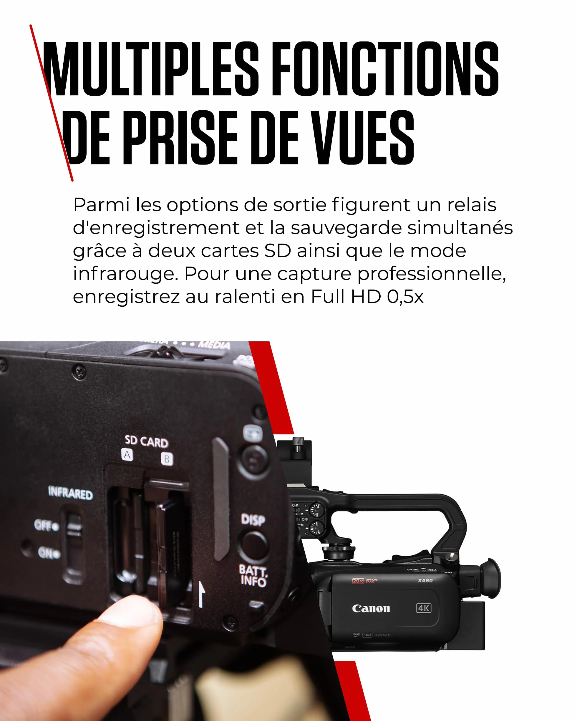 Canon XA60 - Camera 4K avec Autofocus Avancé et Zoom Optique 20x - Camera Professionnelle avec Stabilisation sur 5 Axes, Sortie HDMI et Diffusion HD en Direct en USB-C