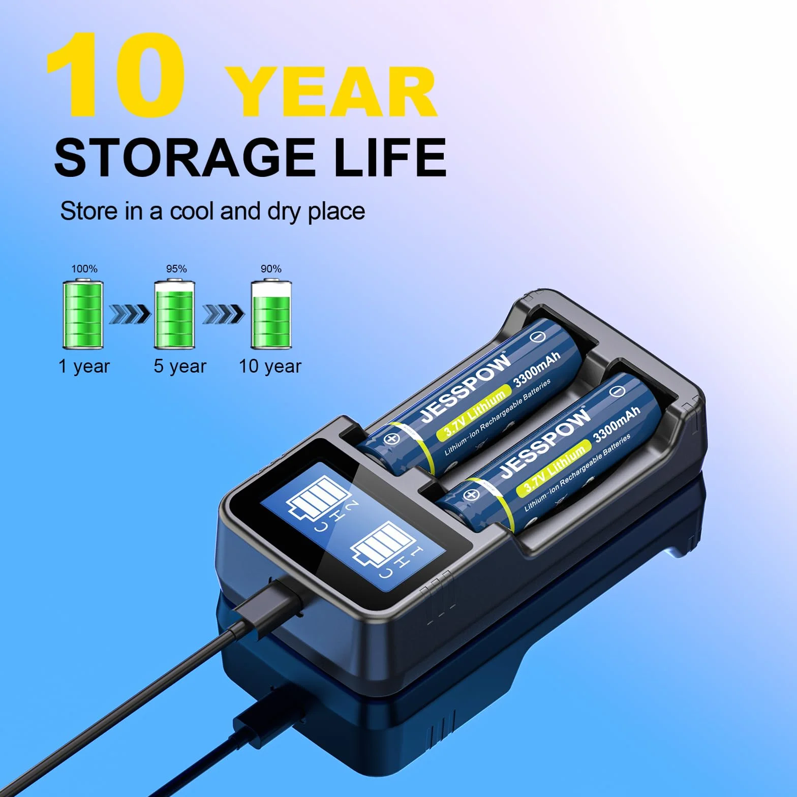 Piles Rechargeables 3.7V 3300mAh Button Top avec Chargeur pour Lampe de Poche Sonnette Télécommandée 2Pcs 18x65mm
