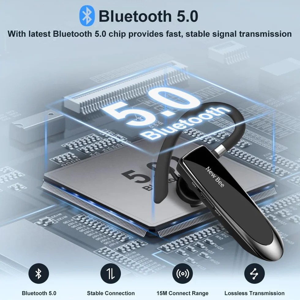 New Bee Main Libre Bluetooth Oreillette, Casque sans Fil Bluetooth avec Microphone 60 Jours en Veille Casque Mains Libres avec Microphone Casque pour iPhone Samsung, HTC, LG, Sony, PC (Noir)