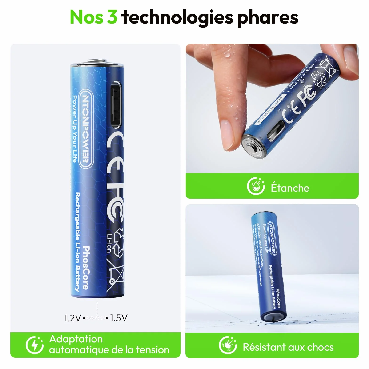 NTONPOWER Piles Lithium AAA 1,5 V 500 mWh, Rechargeables USB-C avec câble, Lot de 4, pour Lampe Torche