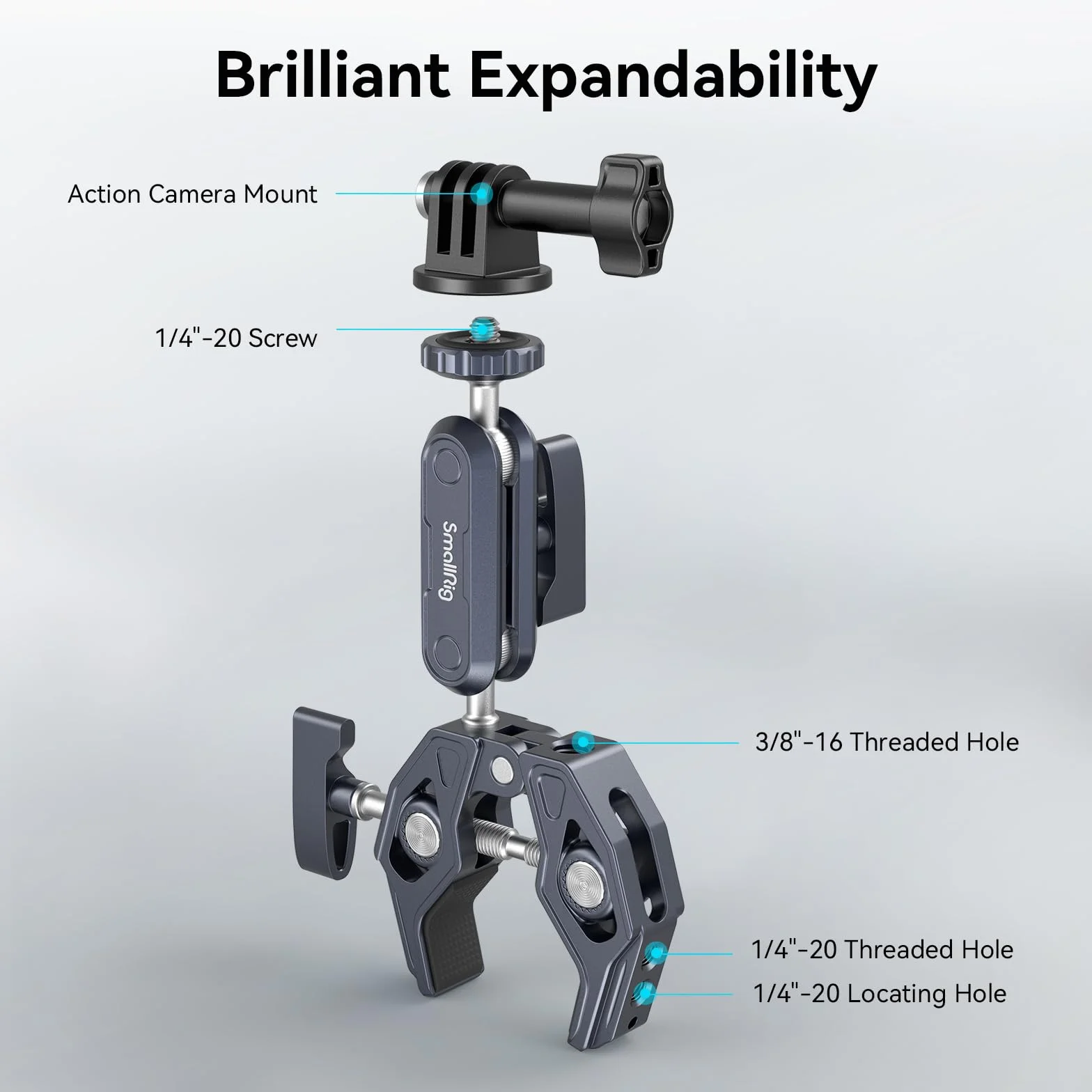 SMALLRIG Super Clamp Ballhead Magic Arm Pince de Caméra, Pince de Moniteur en Forme de Crabe avec 1/4"-20, 3/8"-16 Trous Filetés pour Caméras d'action, Moniteurs, Lumières LED, Microphones- 3757B