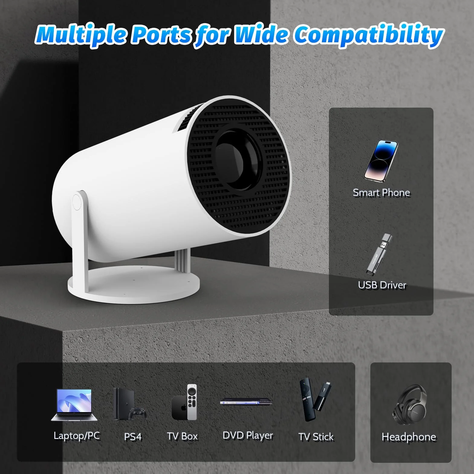 Mini projecteur 4K Support 1080P Smart WiFi 6 Android 11.0 BT 5.0 Écran 130'' Rotation 180° Correction Automatique Trapèze Portable