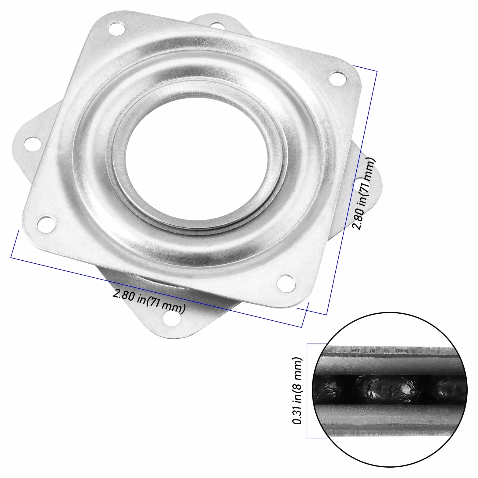 Lot de 10 Plateaux Rotatifs Carrés de 71 mm, en Métal, Roulements à Billes, Rotation à 360 Degrés, Pivotement Lazy Susan avec vis pour Étagère de Cuisine, Support TV, 30 kg, Argent