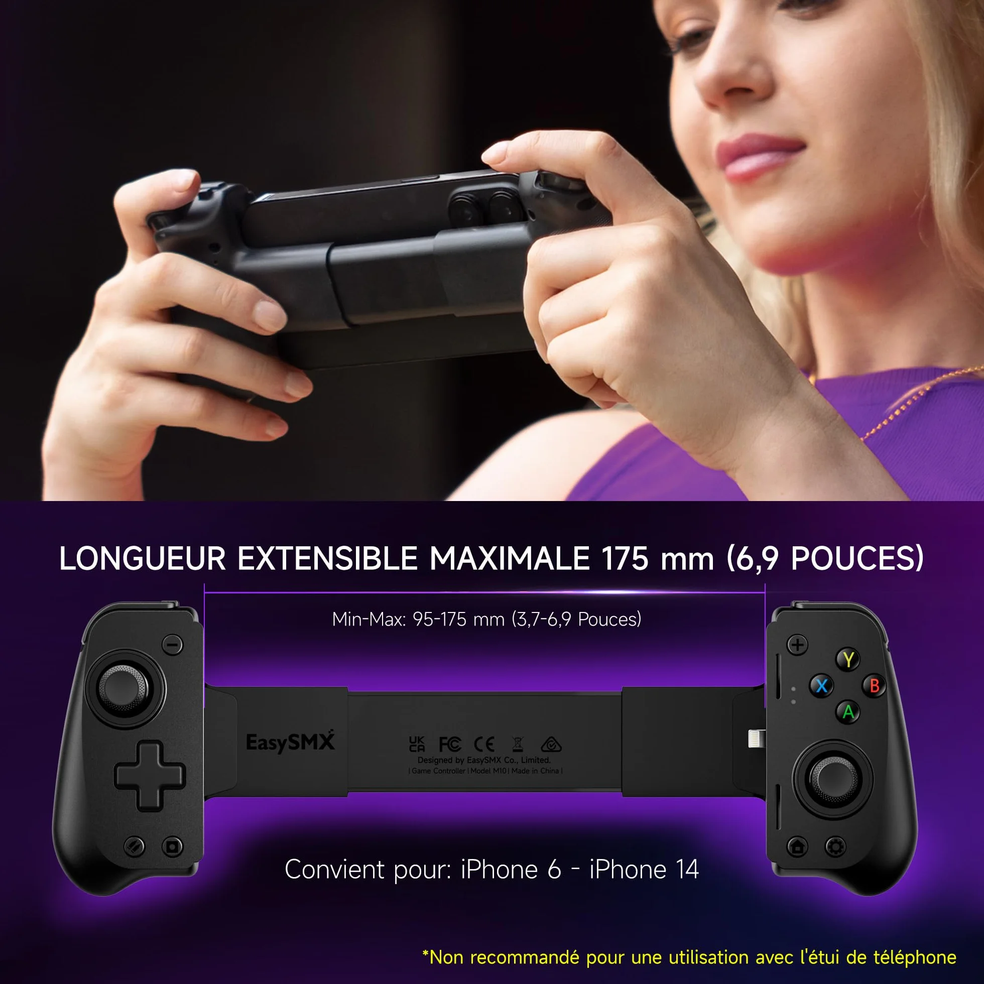 EasySMX M10 Manette Mobile pour iPhone IOS (Lightning), Manette Téléphone Manette de Jeu pour Xbox, PlayStation, Call of Duty, Roblox etc, Chargement Passthrough, Noir