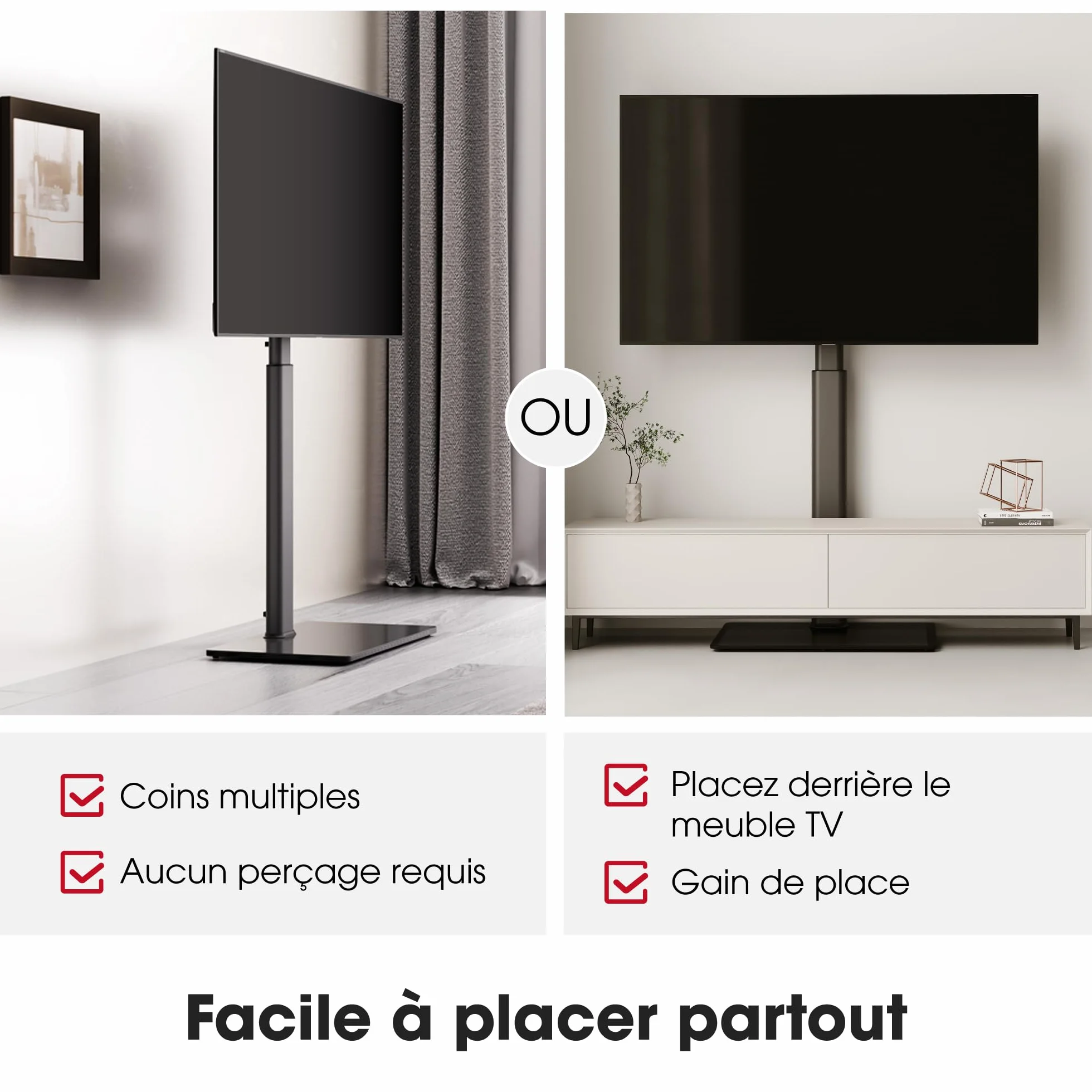 AOKCOS Support TV sur Pied Plus Haut 1,6m pour 43-85 Pouces,Pied pour TV Pivotant 50° Inclinable 12° Hauteur Réglable Max VESA 600x400mm Max Capacité 50 KG (Noir)