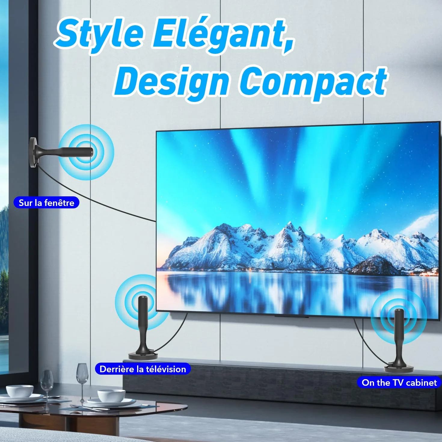 Antenne TV Intérieur Puissante, TNT HD 4K 1080P, Réception 360° Longue Portée 500km, Câble Coaxial 3m